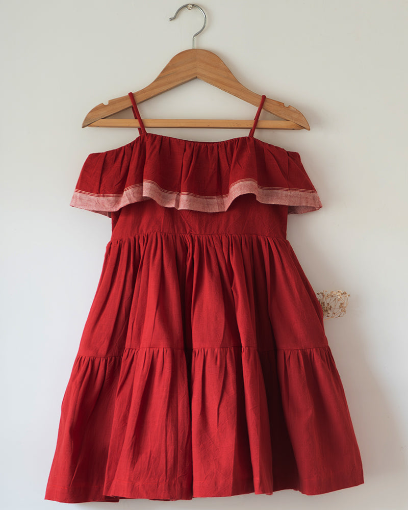 Fool’S Paradise Tiered Maxi Dress In Red Handwoven Cotton