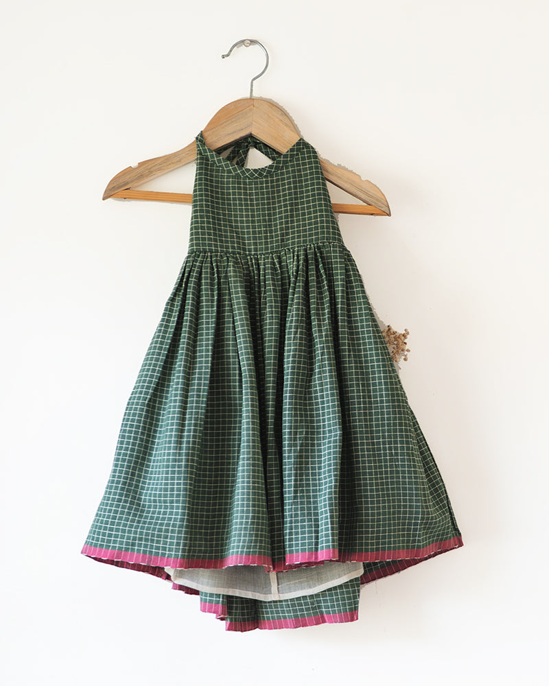 Bloom Handmade Green Checkered Halter Neck Girls Dress