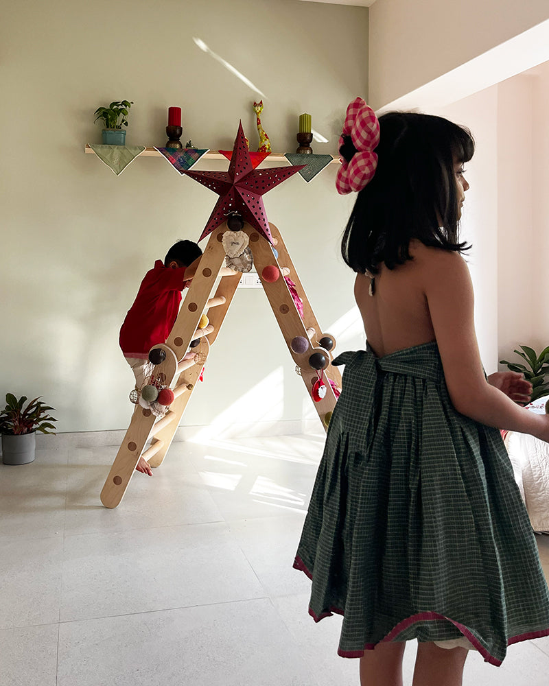 Bloom Handmade Green Checkered Halter Neck Girls Dress