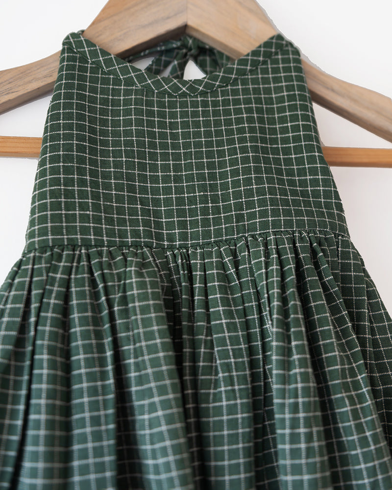 Bloom Handmade Green Checkered Halter Neck Girls Dress