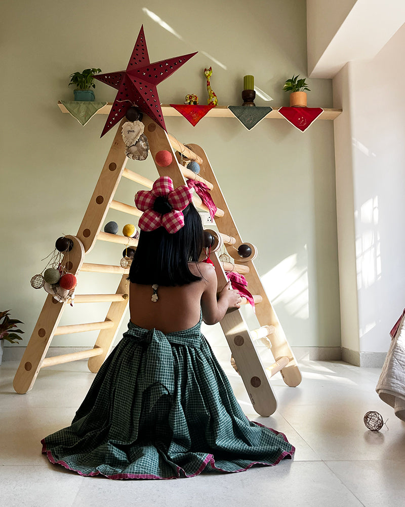 Bloom Handmade Green Checkered Halter Neck Girls Dress