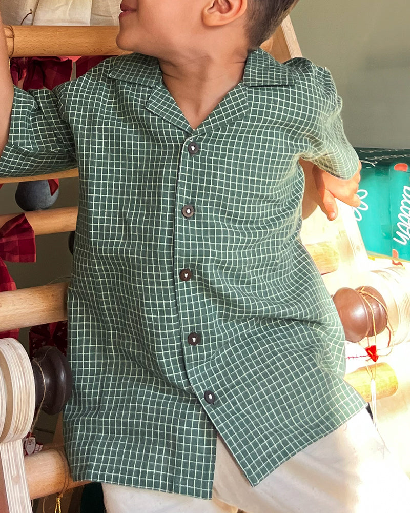 Boogie Green Checkered Boys Handwoven Cotton Shirt