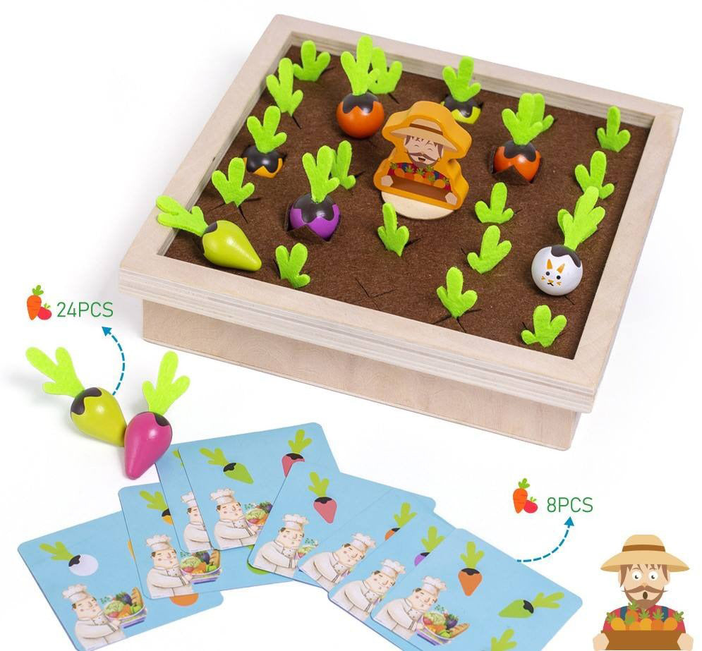 Wooden Vegetable Garden Memory Game - Educational Board Game with Farmer Figure