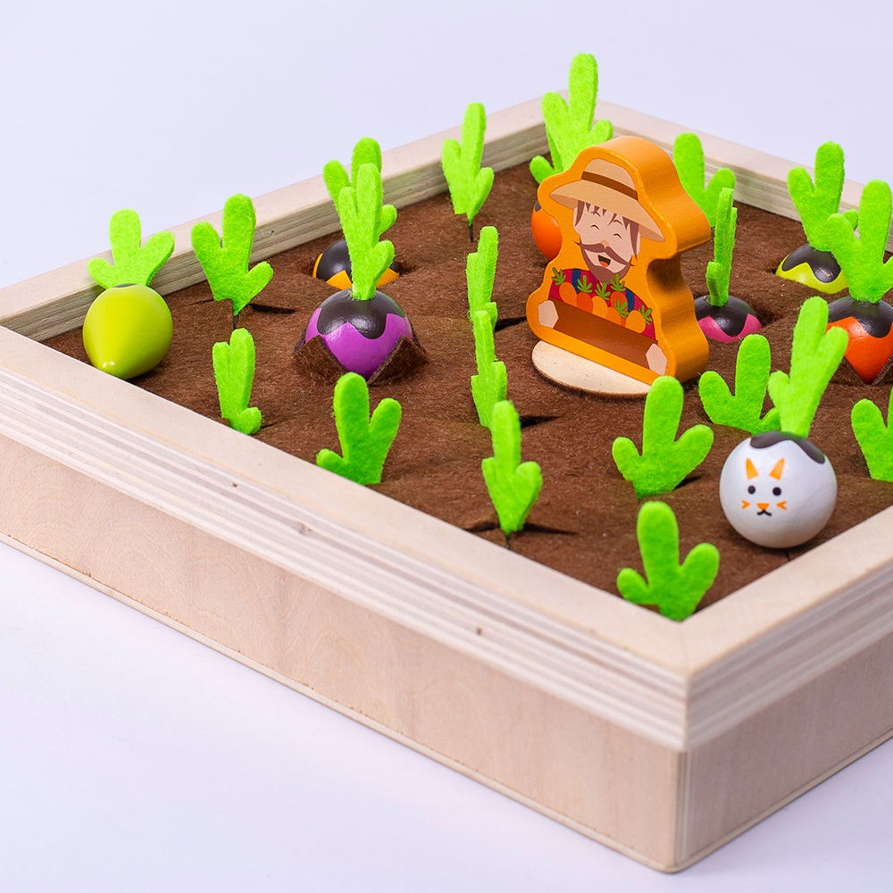 Wooden Vegetable Garden Memory Game - Educational Board Game with Farmer Figure