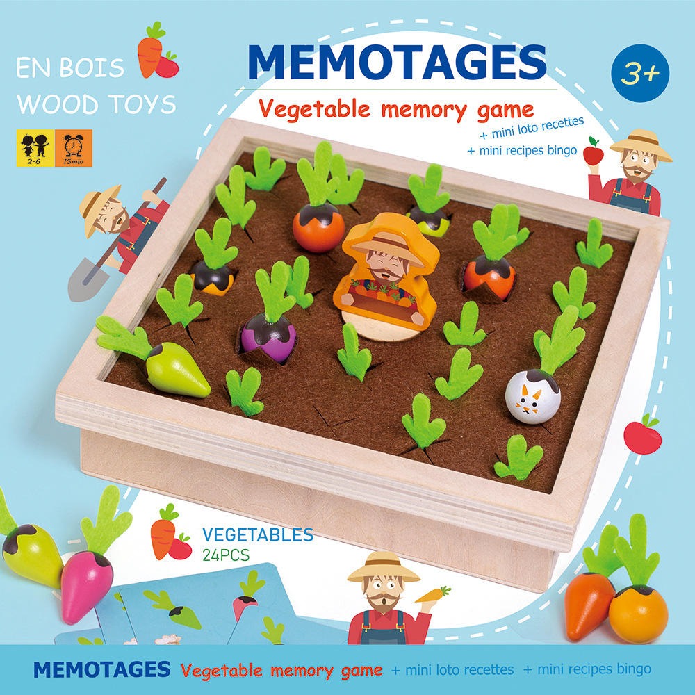 Wooden Vegetable Garden Memory Game - Educational Board Game with Farmer Figure
