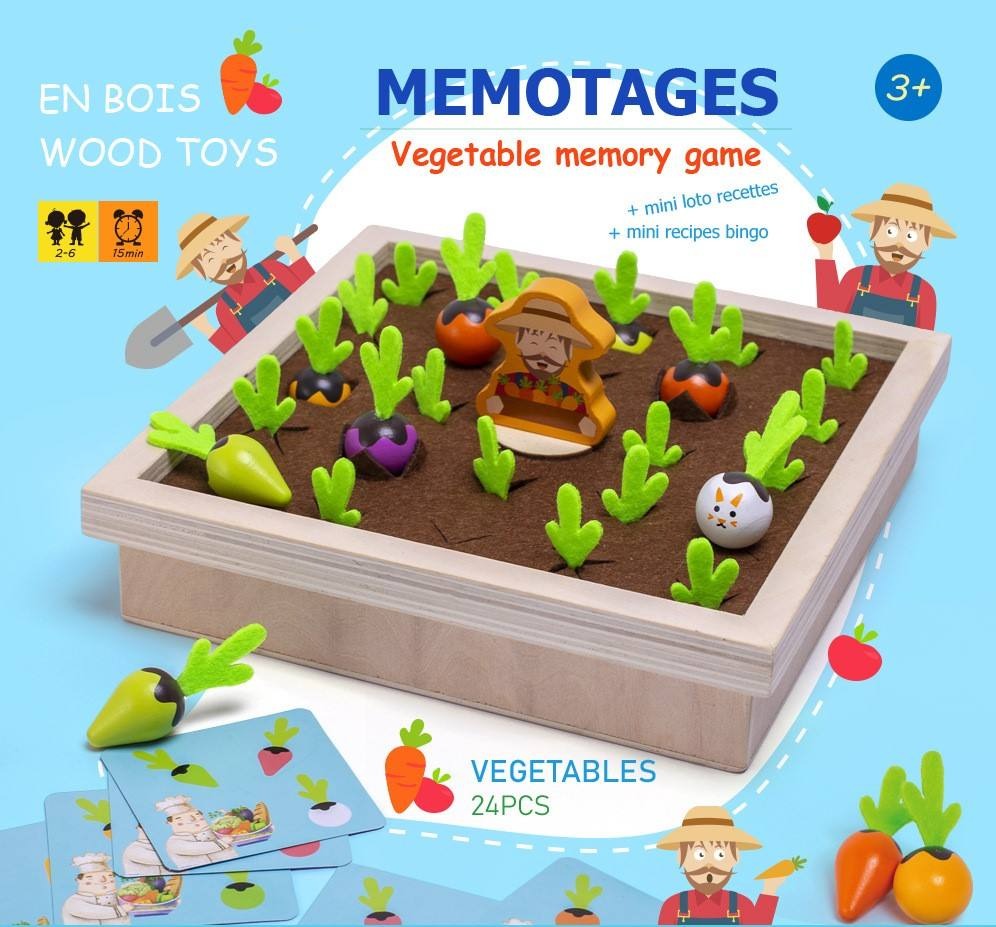 Wooden Vegetable Garden Memory Game - Educational Board Game with Farmer Figure