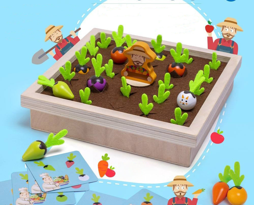 Wooden Vegetable Garden Memory Game - Educational Board Game with Farmer Figure