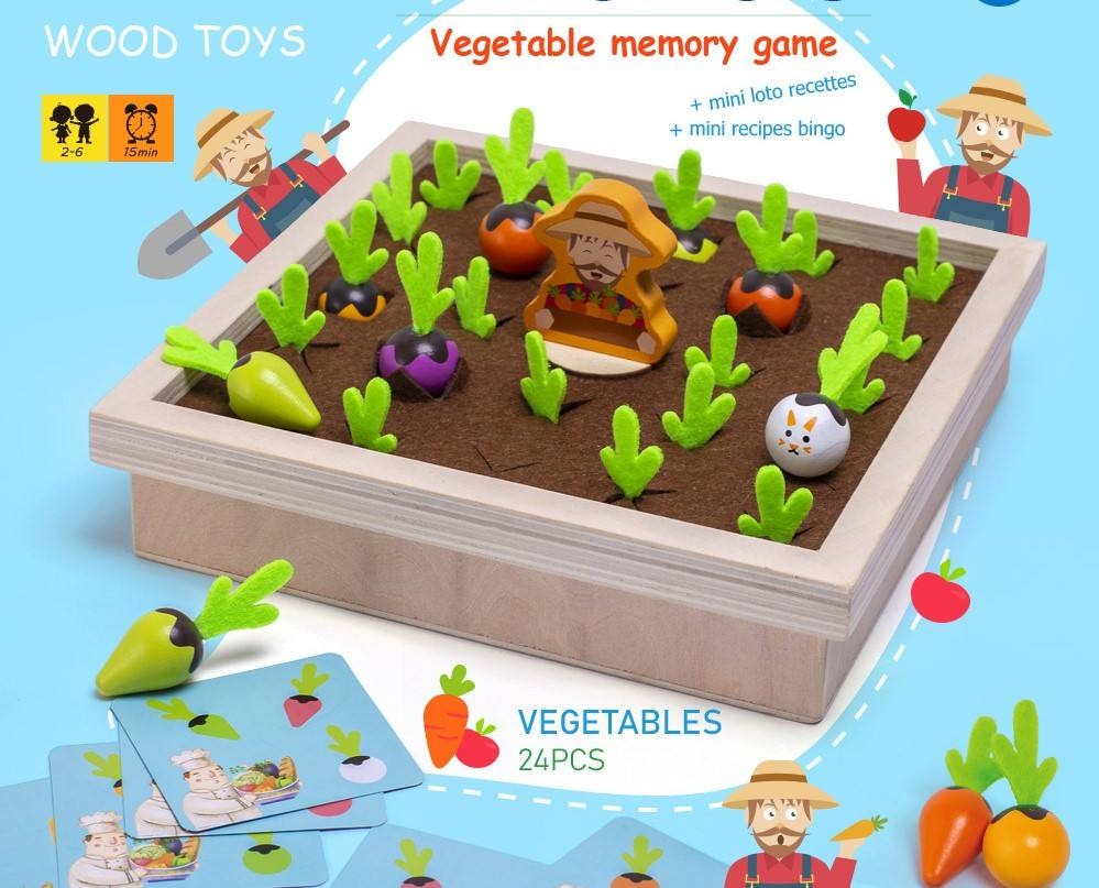 Wooden Vegetable Garden Memory Game - Educational Board Game with Farmer Figure