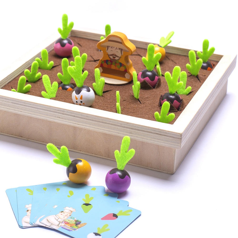 Wooden Vegetable Garden Memory Game - Educational Board Game with Farmer Figure