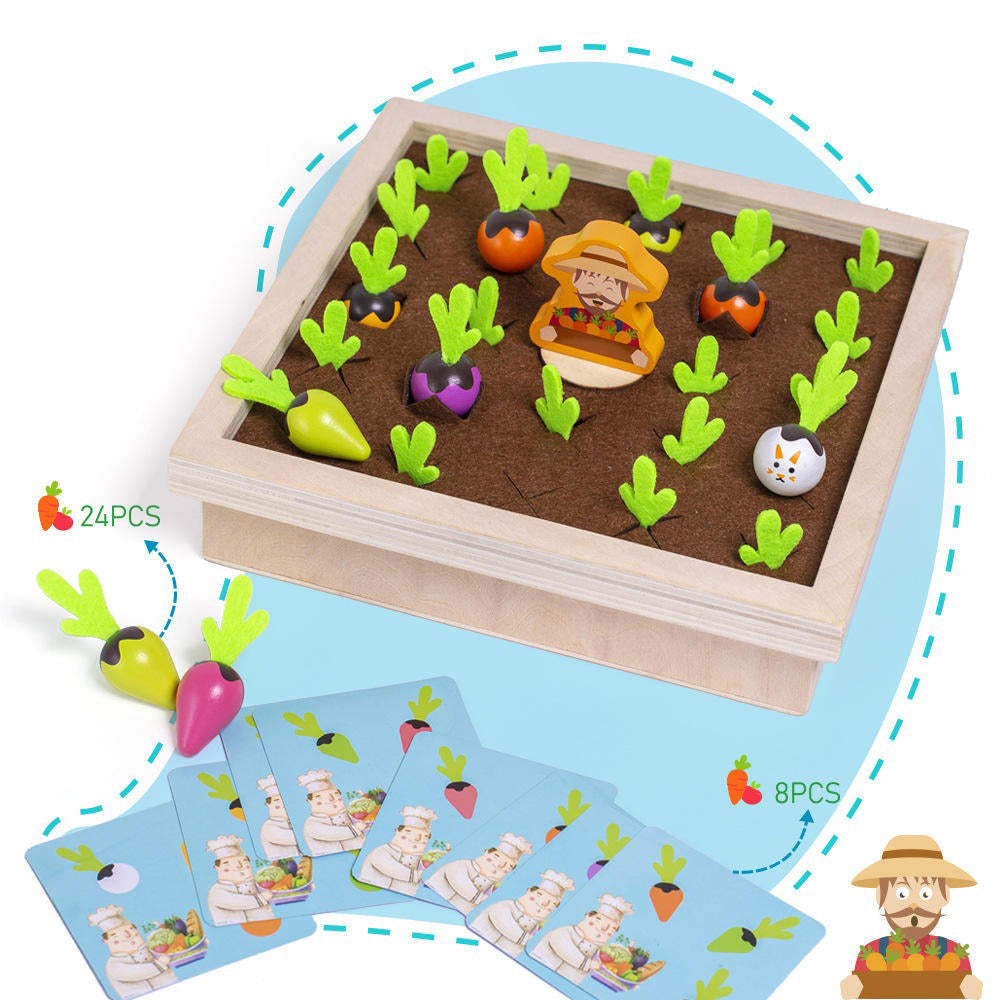 Wooden Vegetable Garden Memory Game - Educational Board Game with Farmer Figure