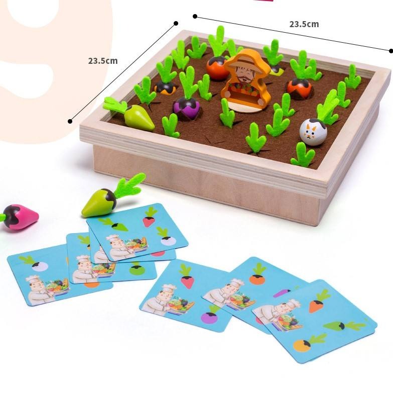 Wooden Vegetable Garden Memory Game - Educational Board Game with Farmer Figure
