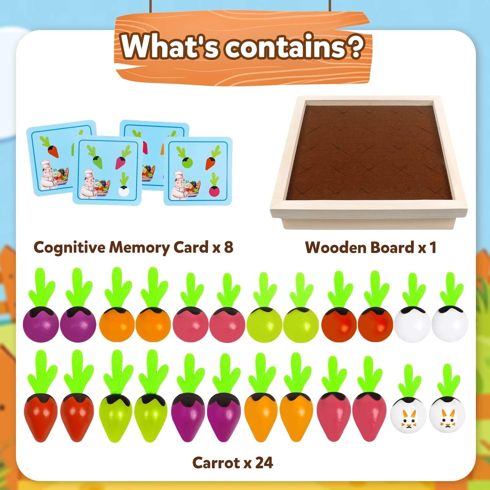 Wooden Vegetable Garden Memory Game - Educational Board Game with Farmer Figure