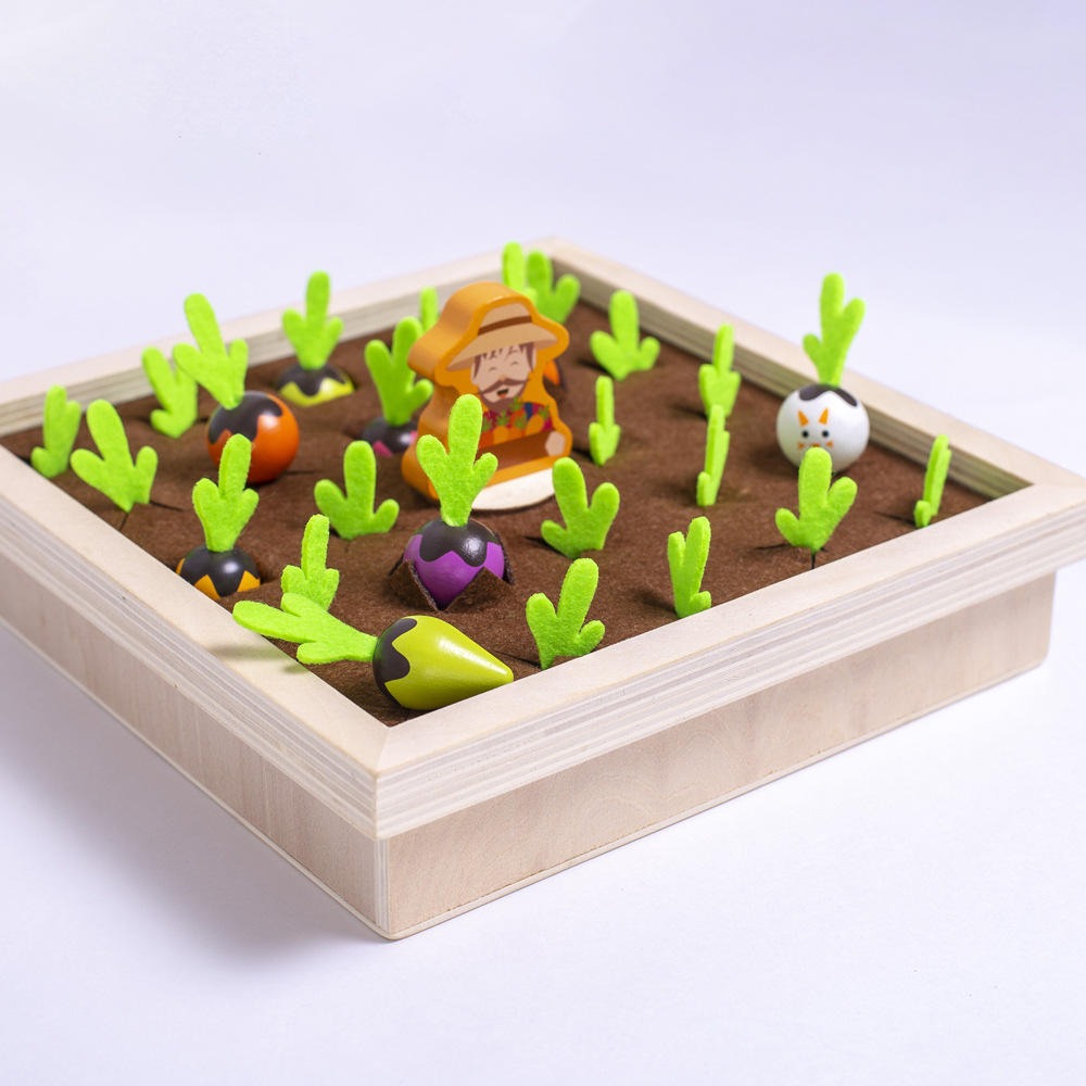 Wooden Vegetable Garden Memory Game - Educational Board Game with Farmer Figure