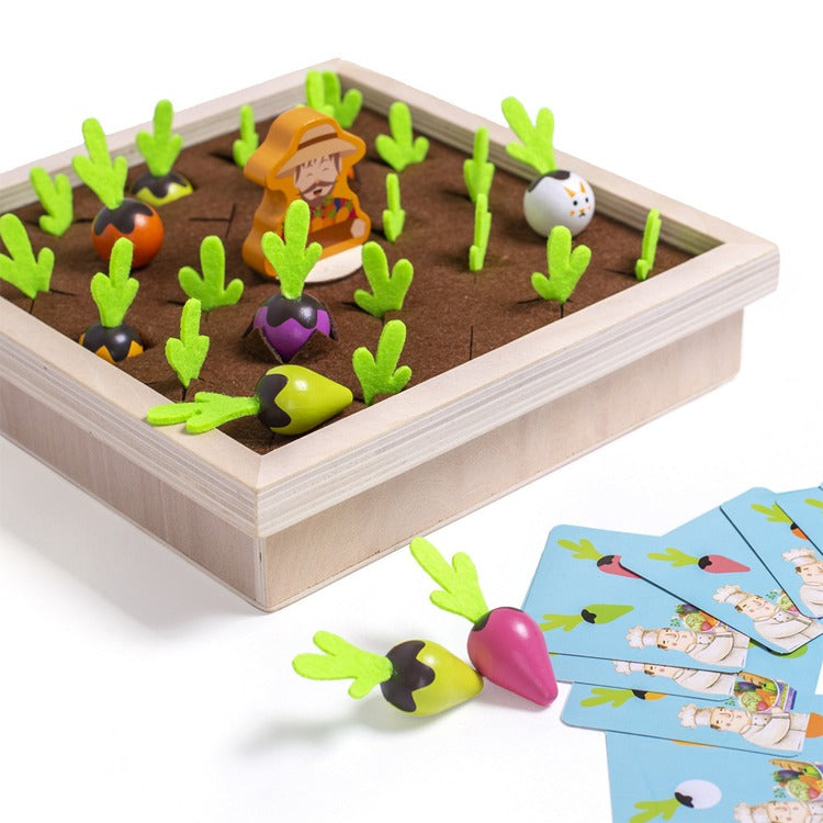 Wooden Vegetable Garden Memory Game - Educational Board Game with Farmer Figure