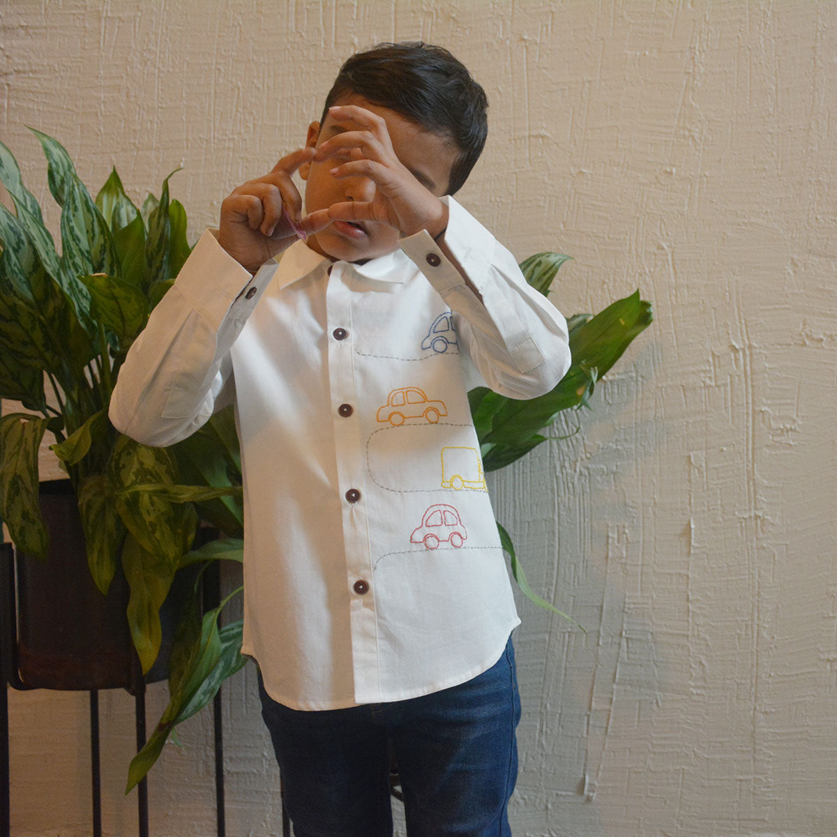 Cars on Road Embroidered Shirt - White