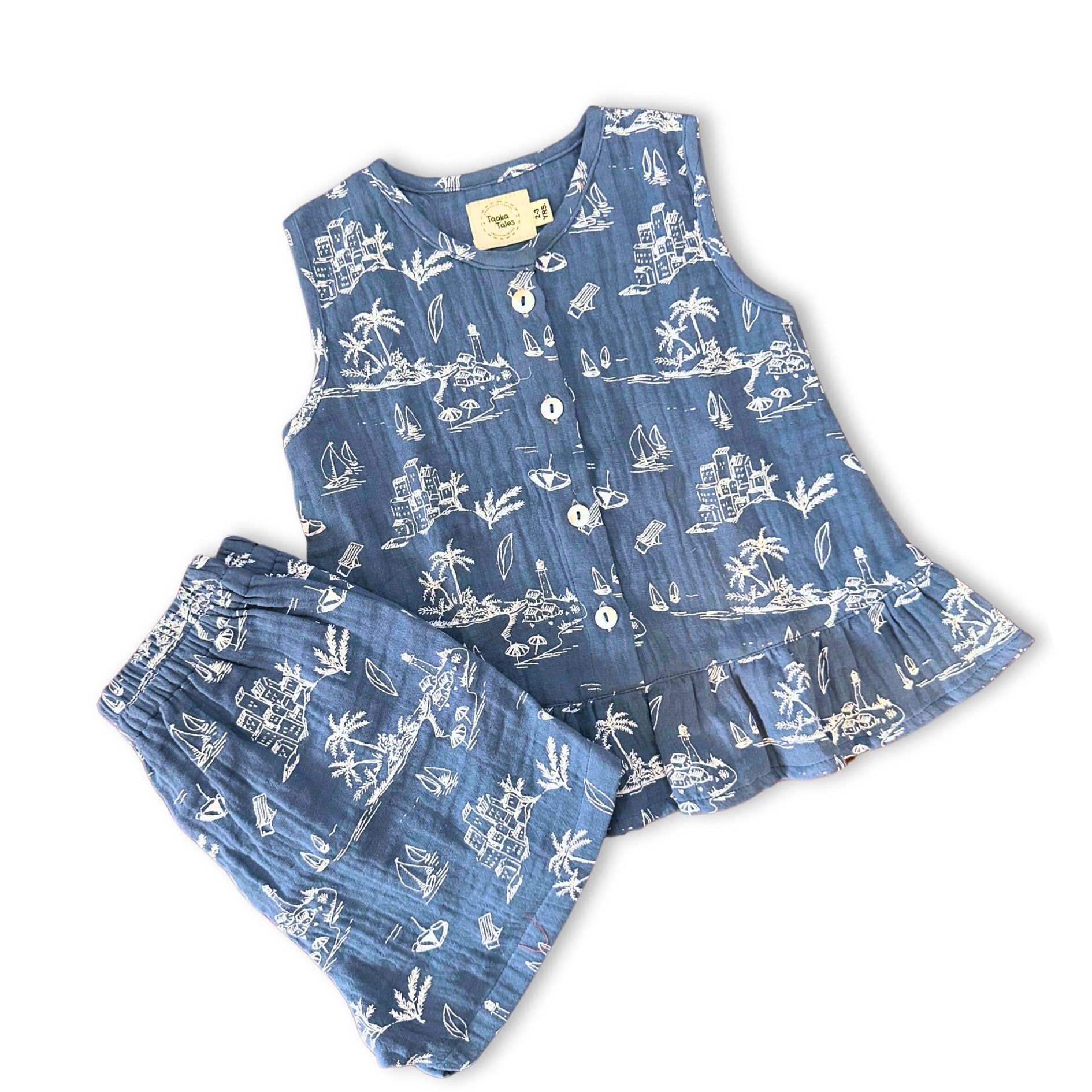 Muslin Shorts Co-ord set- Ocean Blue- Girls