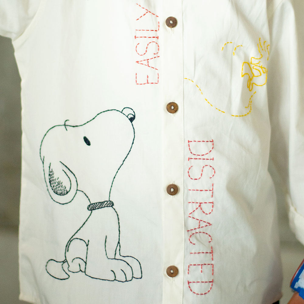 Easily Distracted Dog Embroidered Organic Cotton Shirt - White