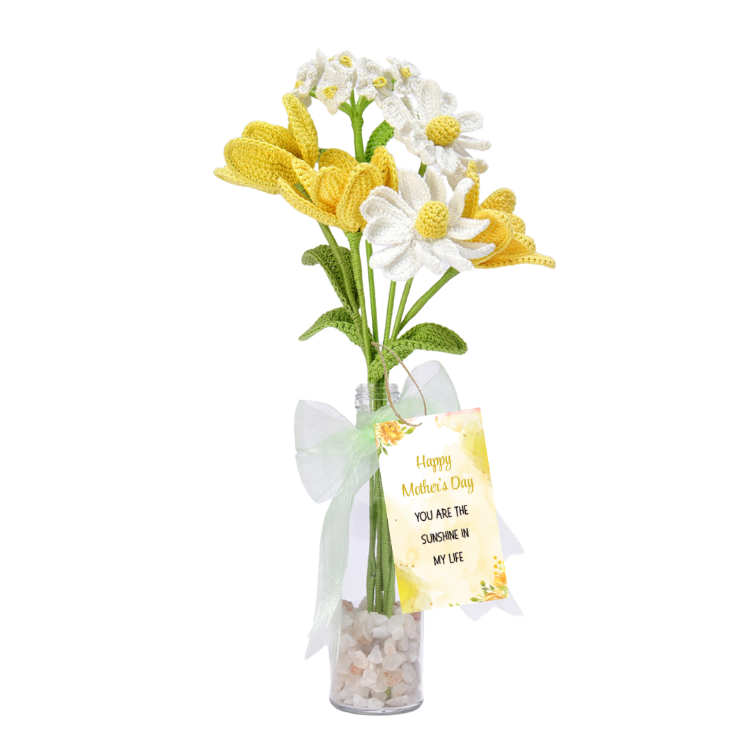Crochet Yellow Tulips & Daisies in Bottle Vase - Unique Mother’s Day Gift