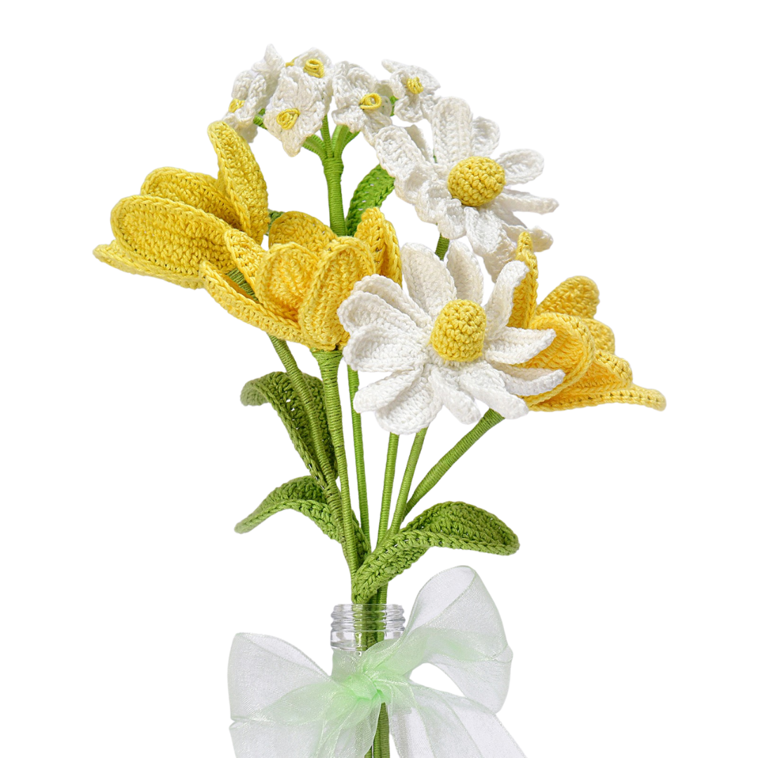 Crochet Yellow Tulips & Daisies in Bottle Vase - Unique Mother’s Day Gift