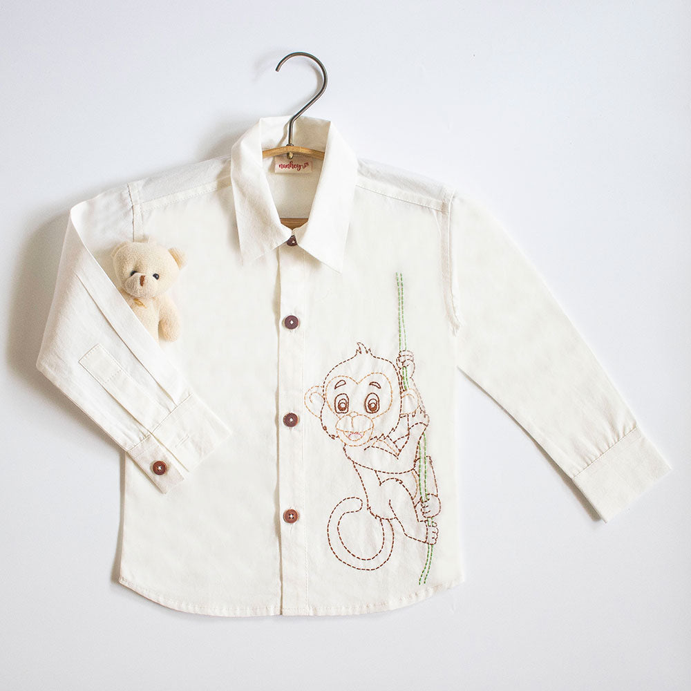monkey embroidered white organic shirt kids