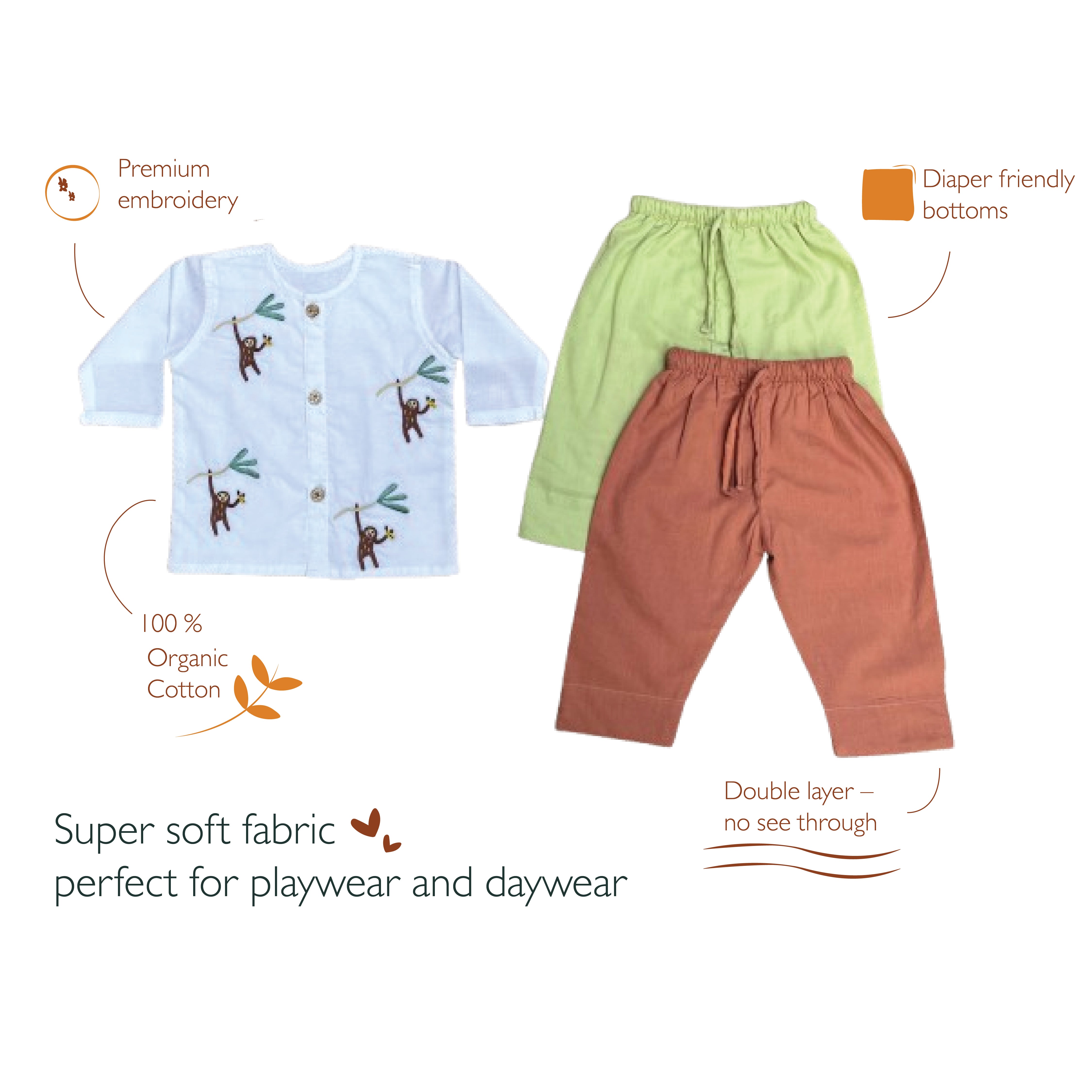 Monkey - Organic Cotton Full Sleeves Jhabla with Two Pyjamas