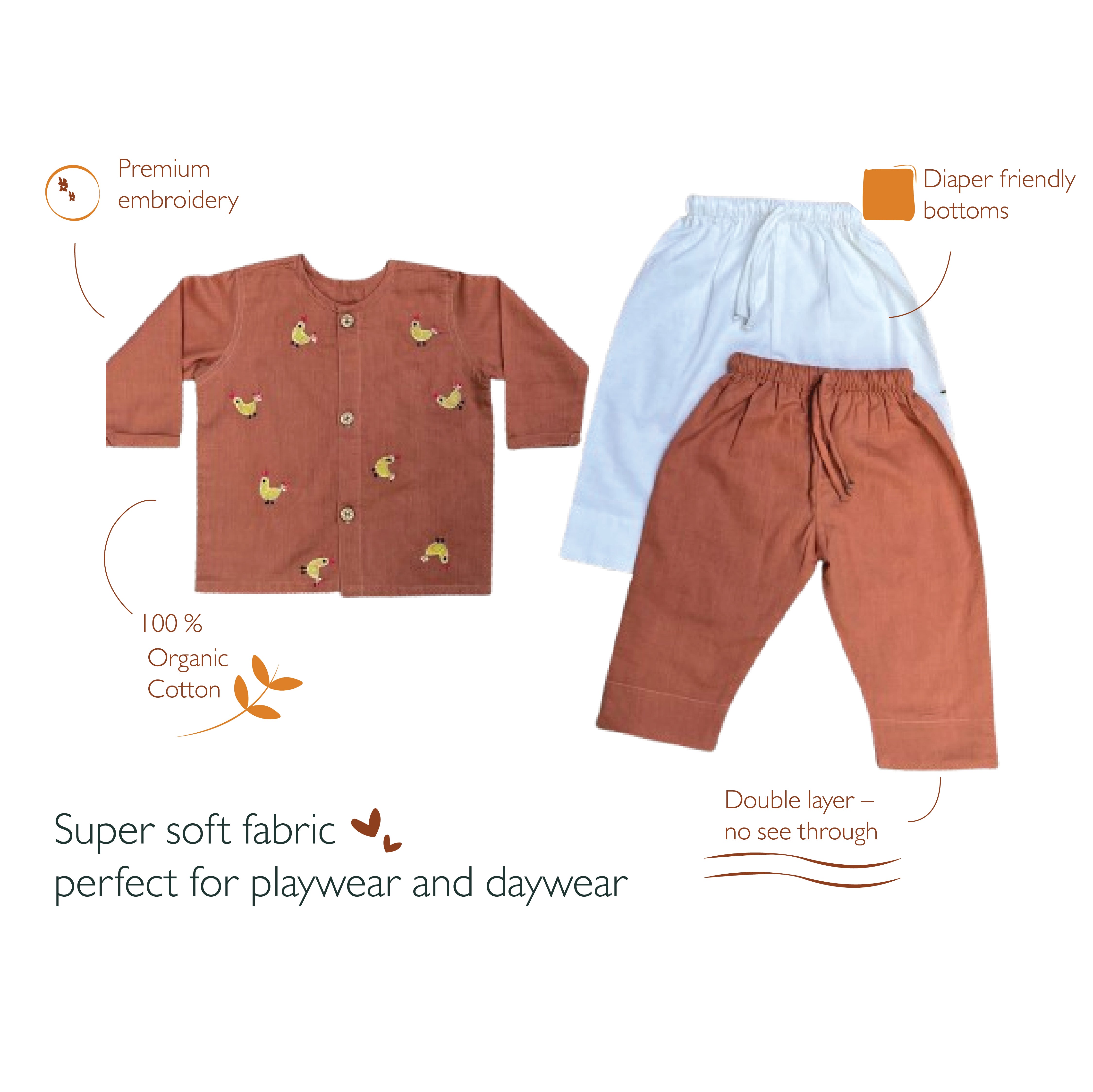 Hen - Organic Cotton Full Sleeves Jhabla with Two Pyjamas