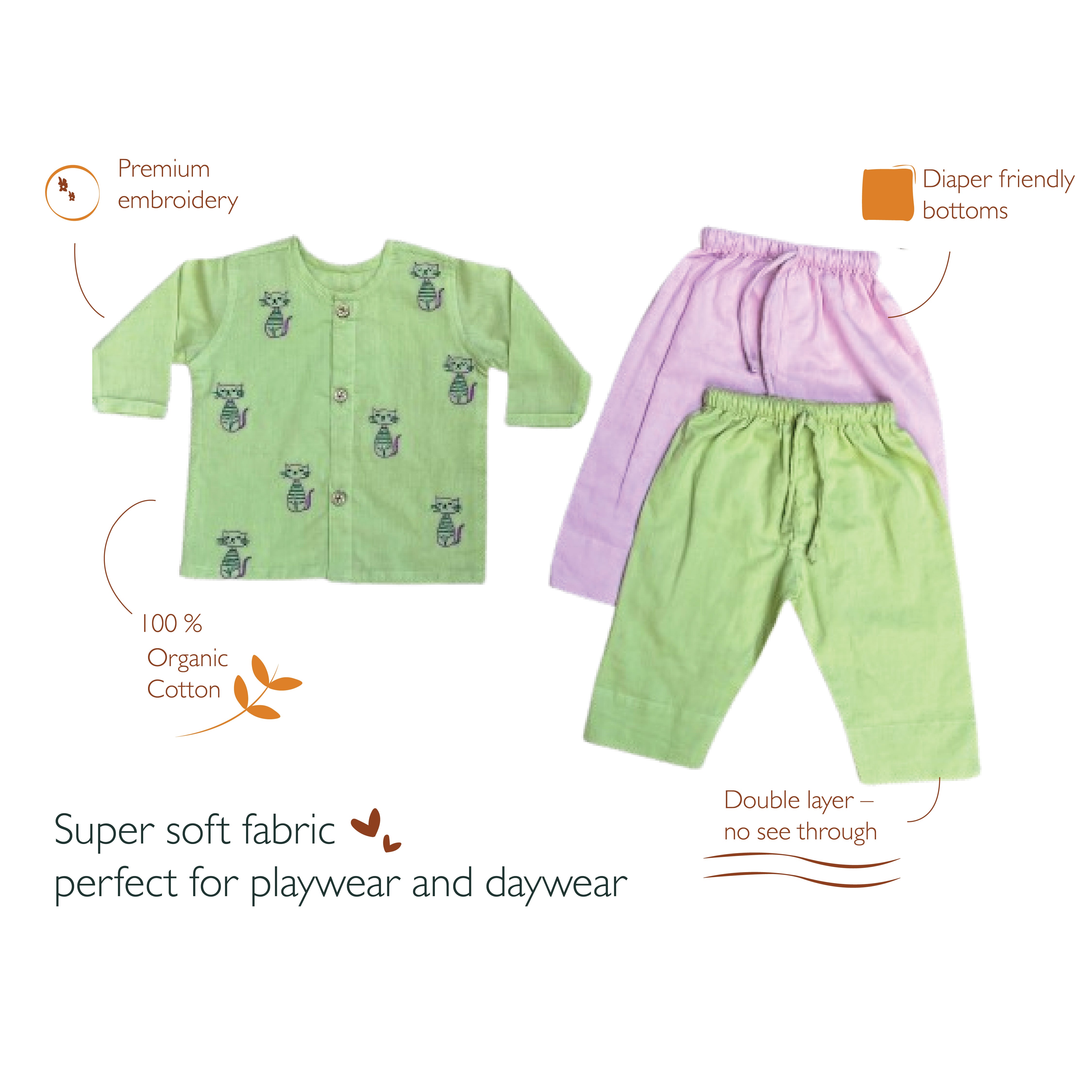 Cats - Organic Cotton Full Sleeves Jhabla with Two Pyjamas