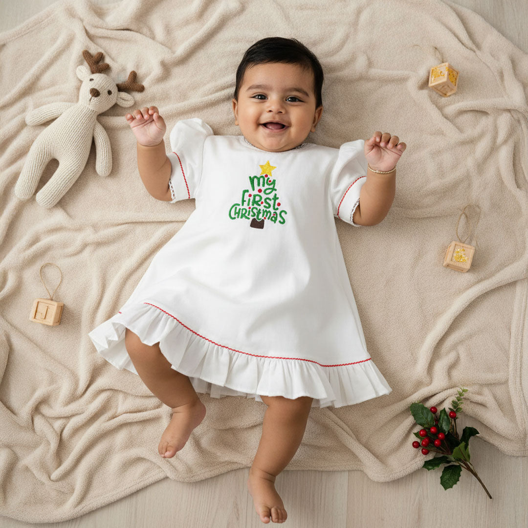 Embroidered White Puff Sleeve Dress - 'My First Christmas'