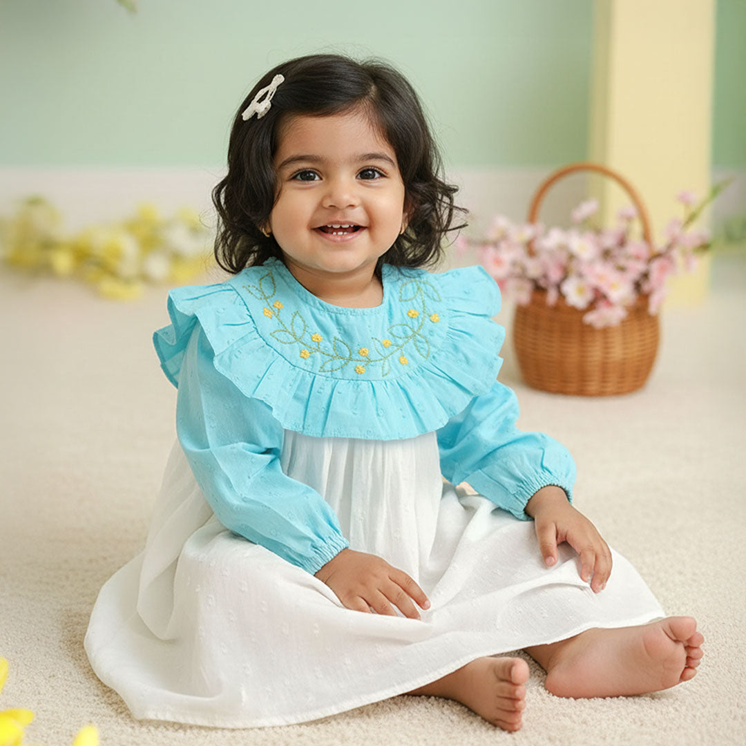Embroidered Blue and White Puffed Sleeve Dress - Garland of Flowers