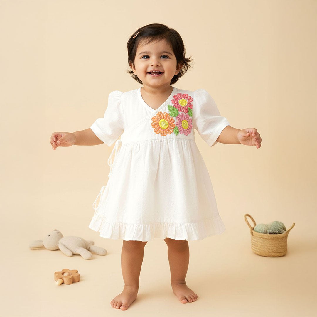 Embroidered White Puff Sleeve Wrap Dress - Flowers