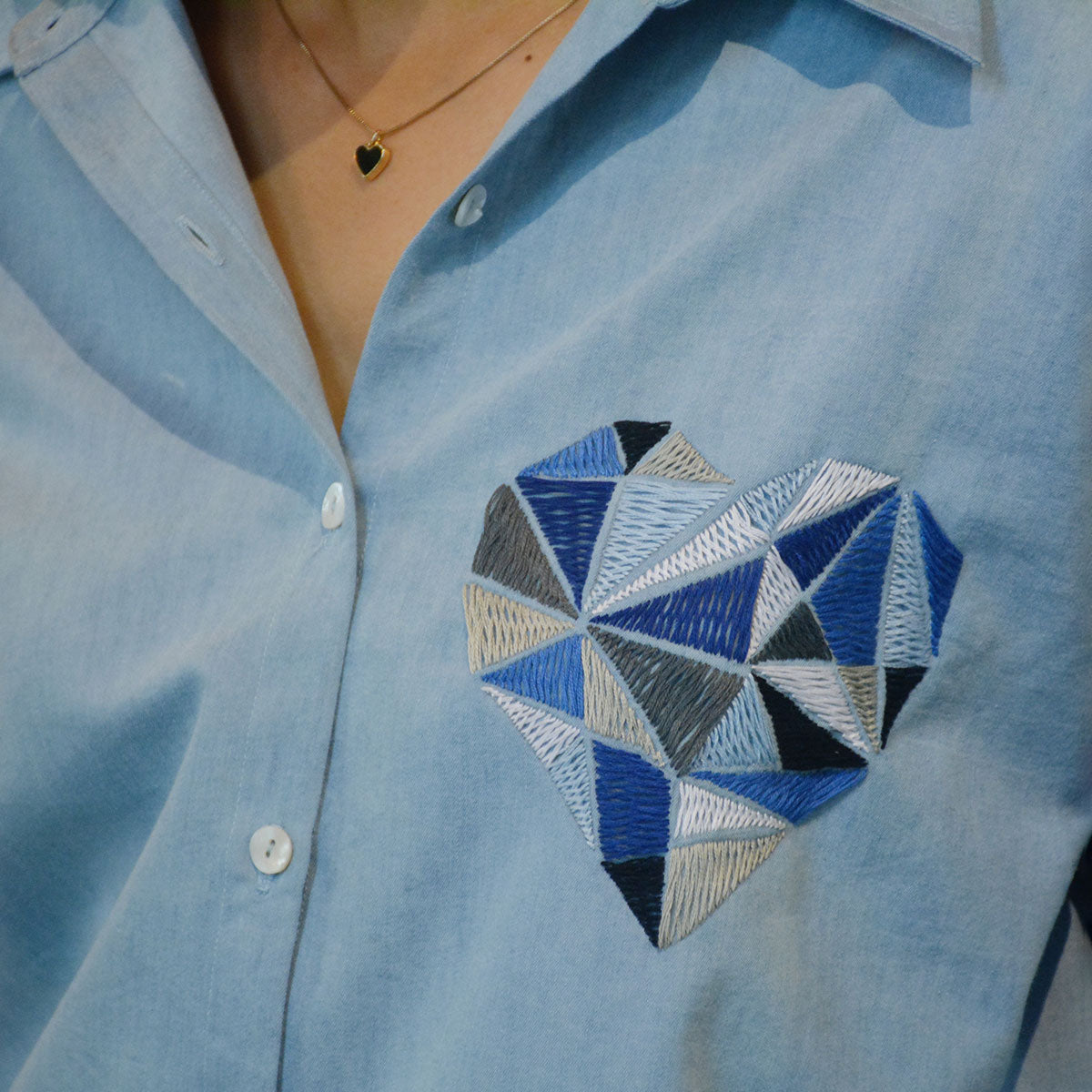 Geometric Heart Embroidered Denim Women Shirt