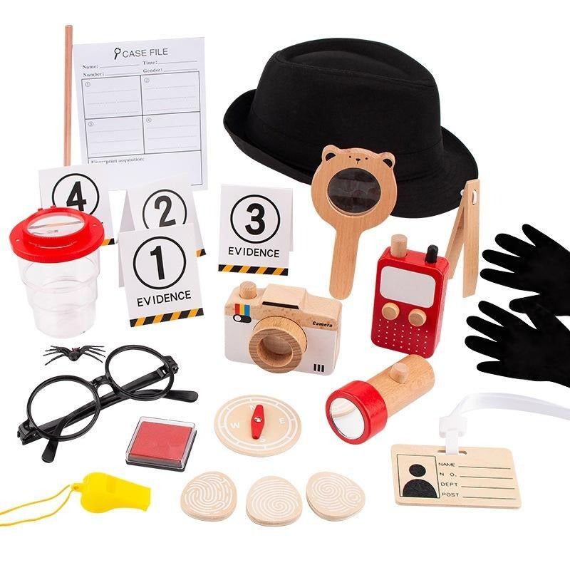 Wooden Detective Role Play Set for Kids, 15 Pieces with Evidence Markers, Wooden Tools, Case File, Black Hat and Accessories
