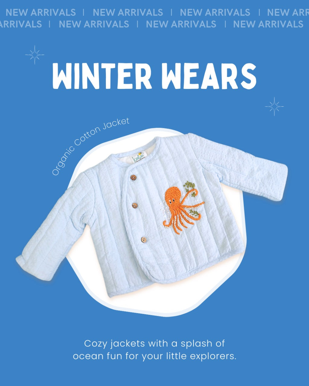 Octopus – Cotton Embroidered Baby Blue Button Up Quilted Jacket