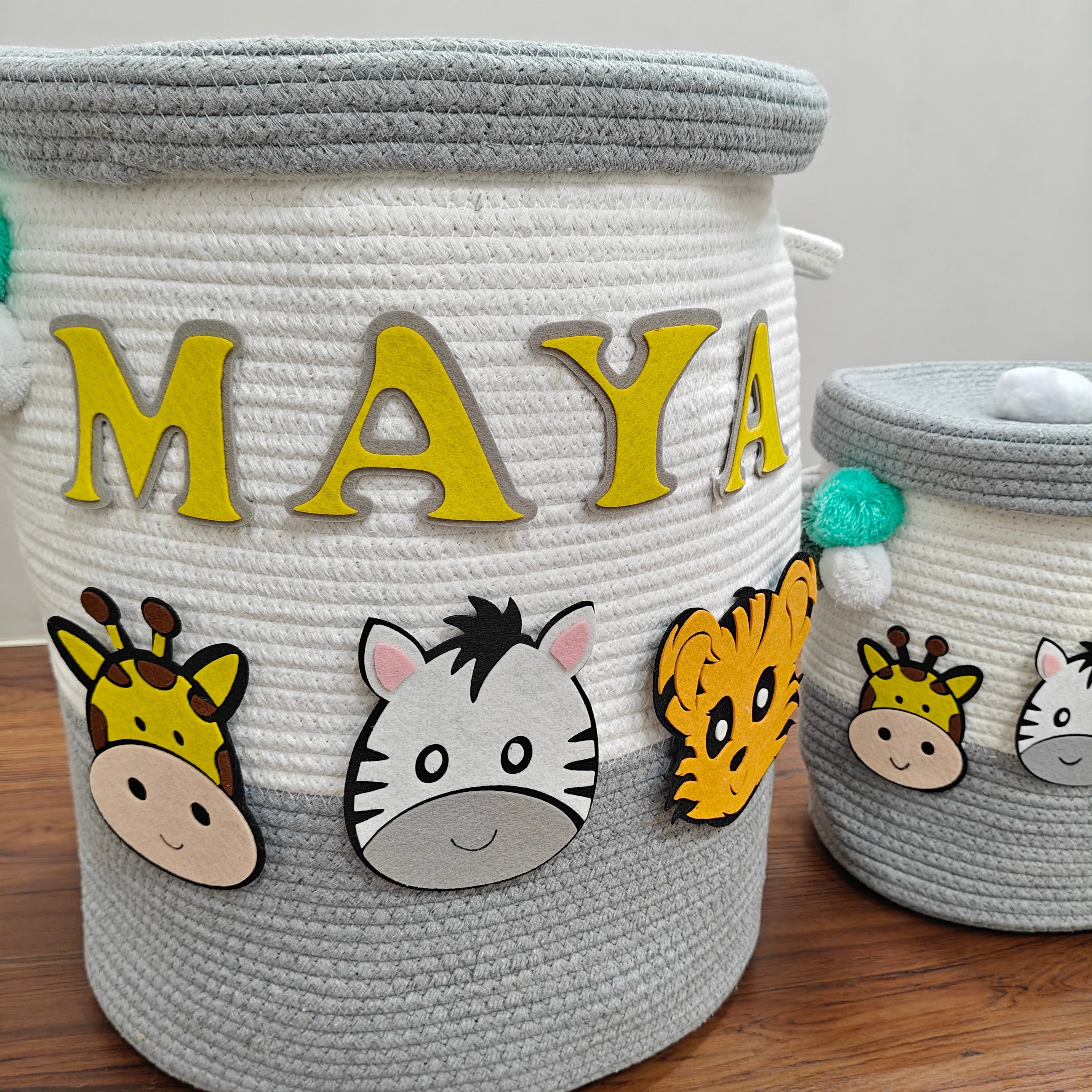 Jute Cotton Storage Basket  with Lid - Smoky Safari