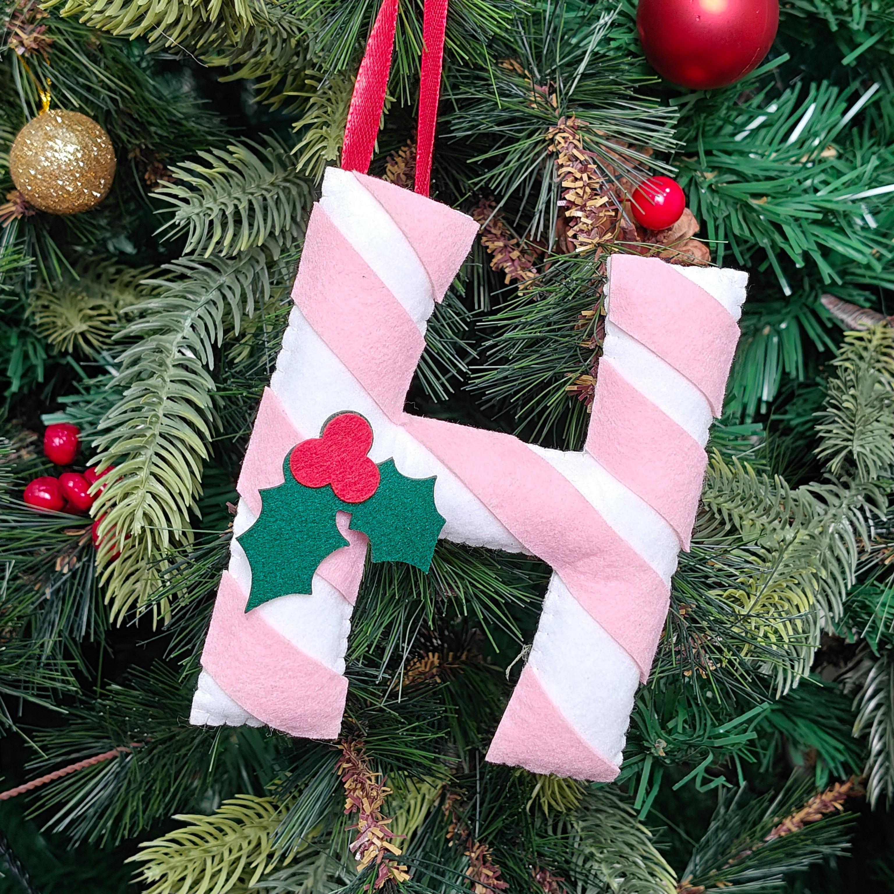 Blush Candy Cane Monogram Ornament