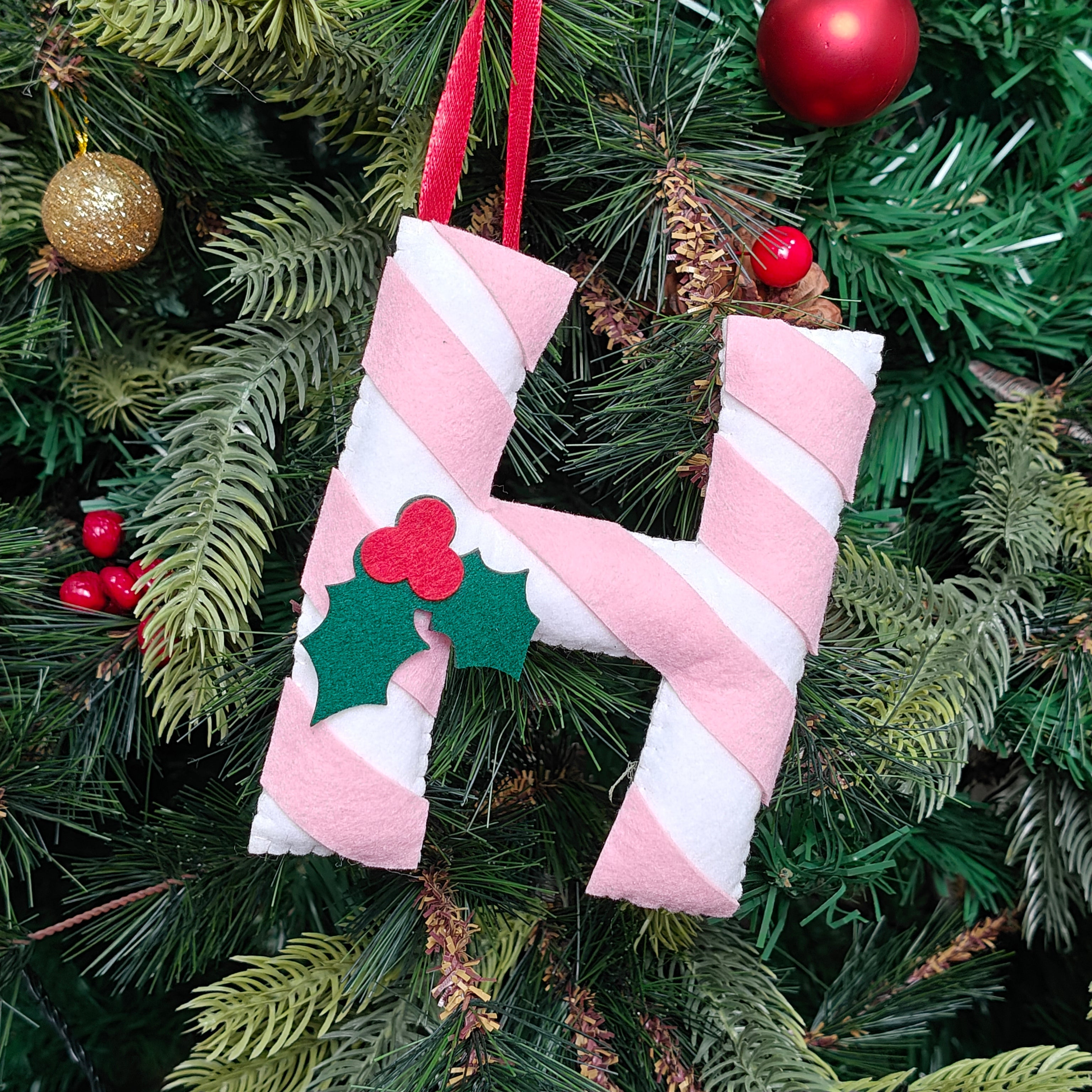 Blush Candy Cane Monogram Ornament