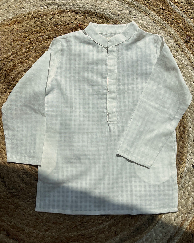 Spring Of Tulips Boy S Full Sleeve Chinese Collar Shirt Kurta In White Checks