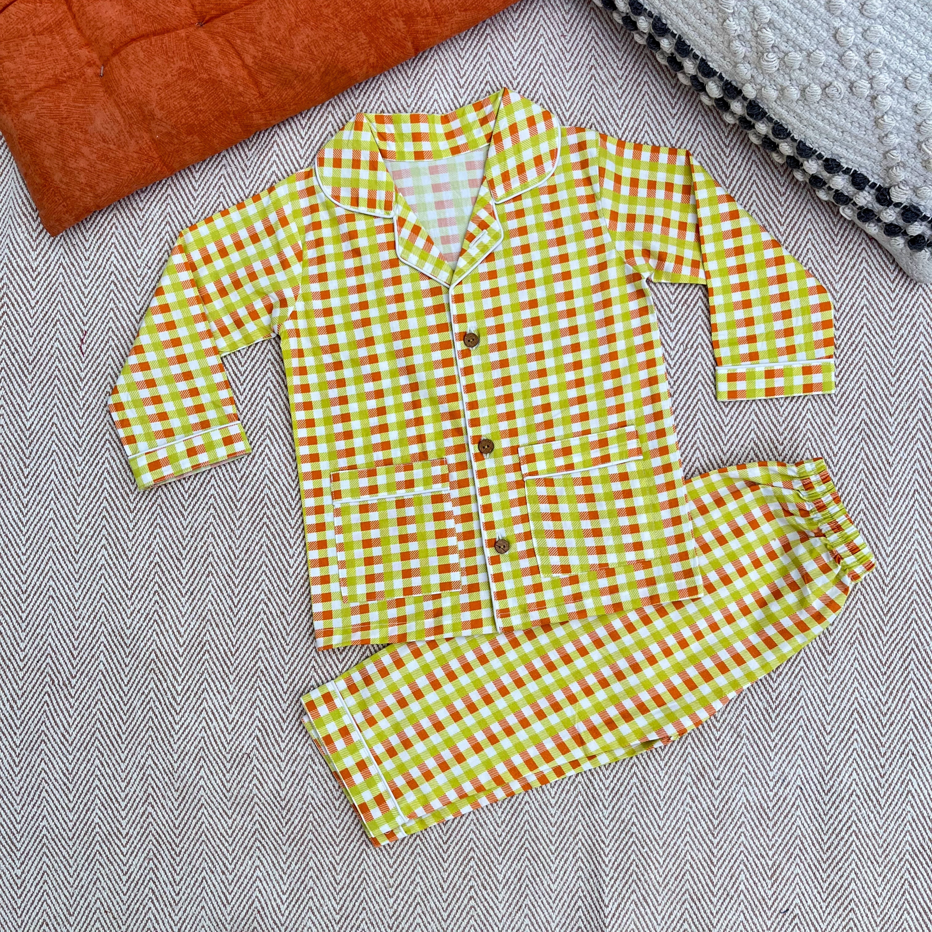 Organic Cotton Orange Green Checks Night Suit