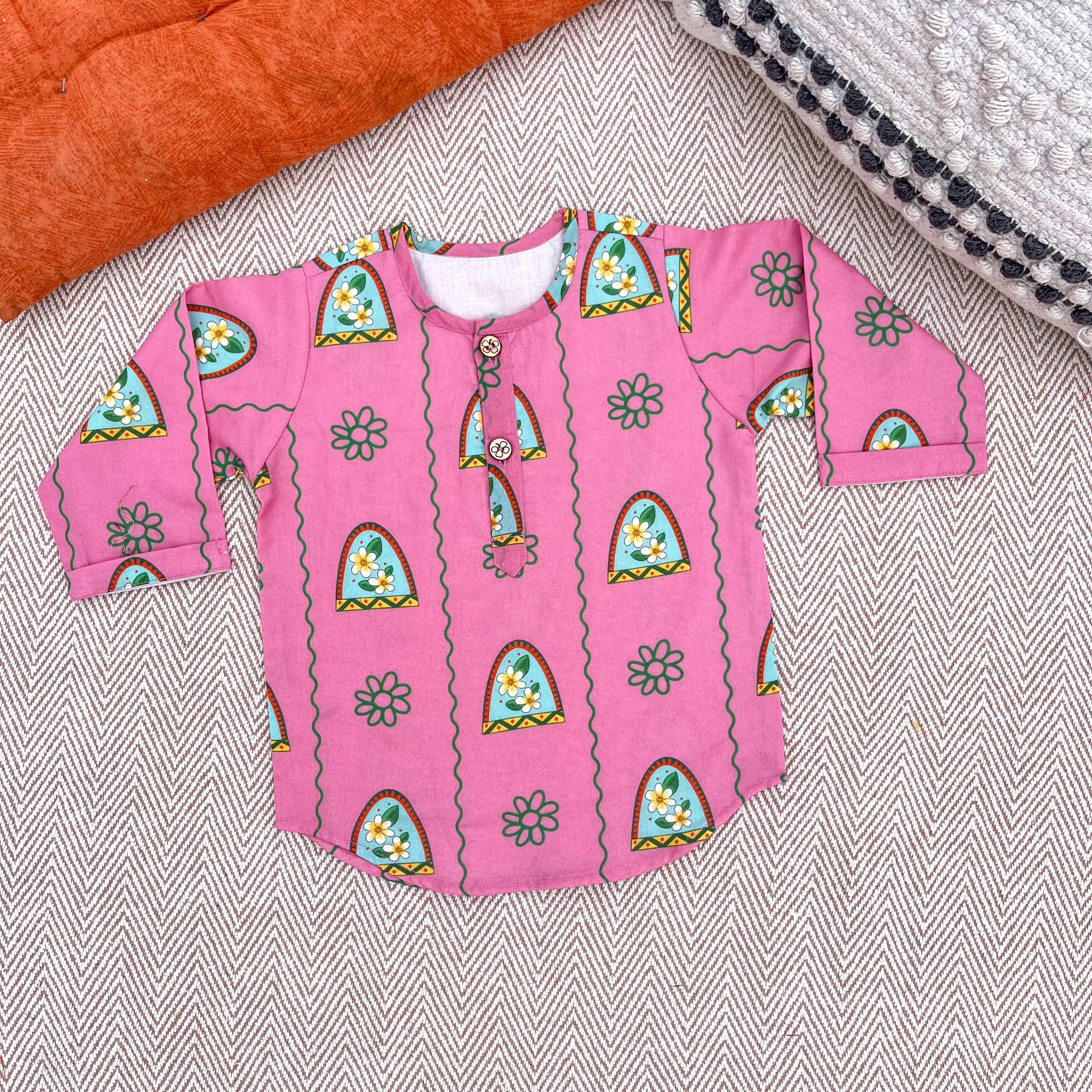 Nani Ghar ka Champa'- Organic Cotton Unisex Pink Floral Kurta Set