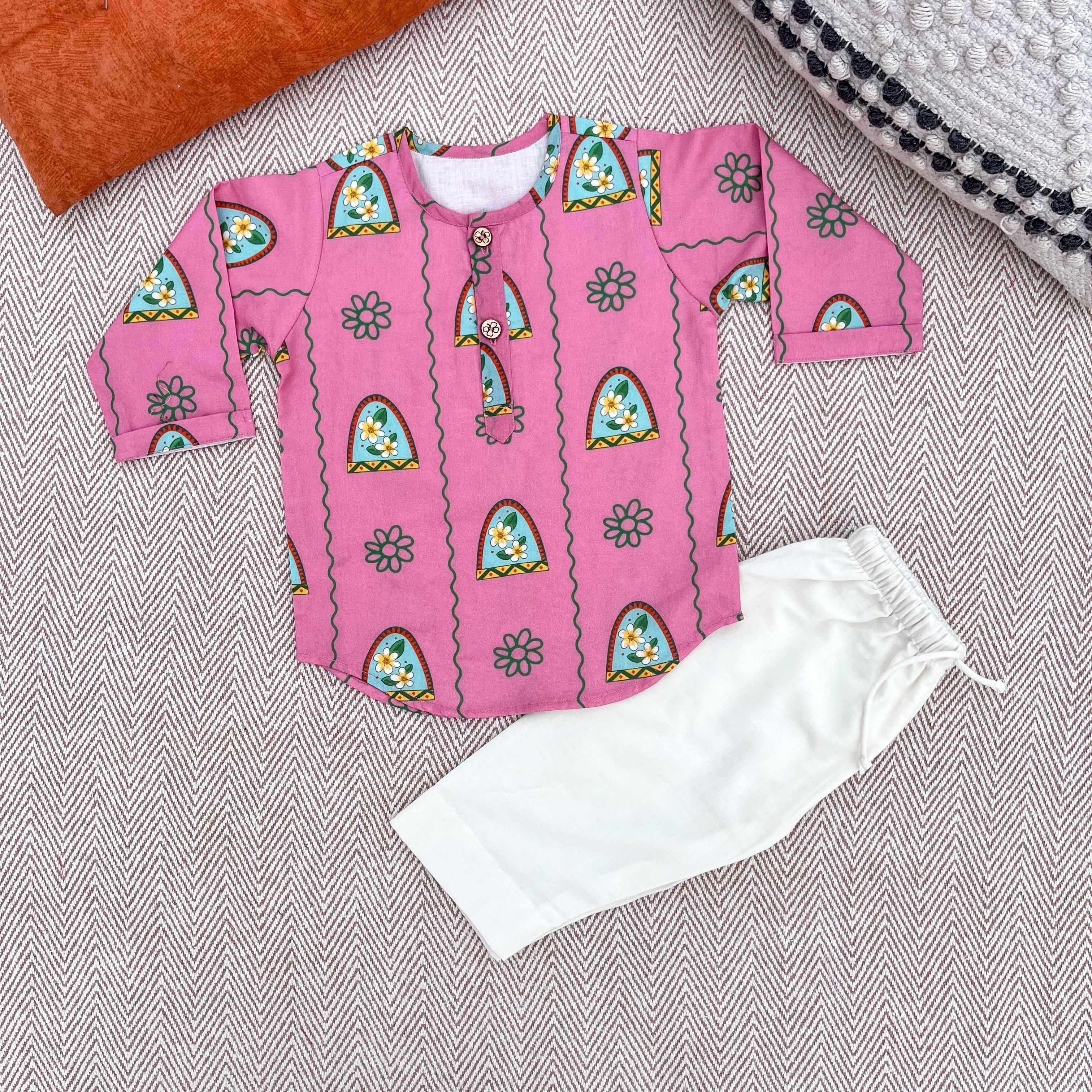 Nani Ghar ka Champa'- Organic Cotton Unisex Pink Floral Kurta Set