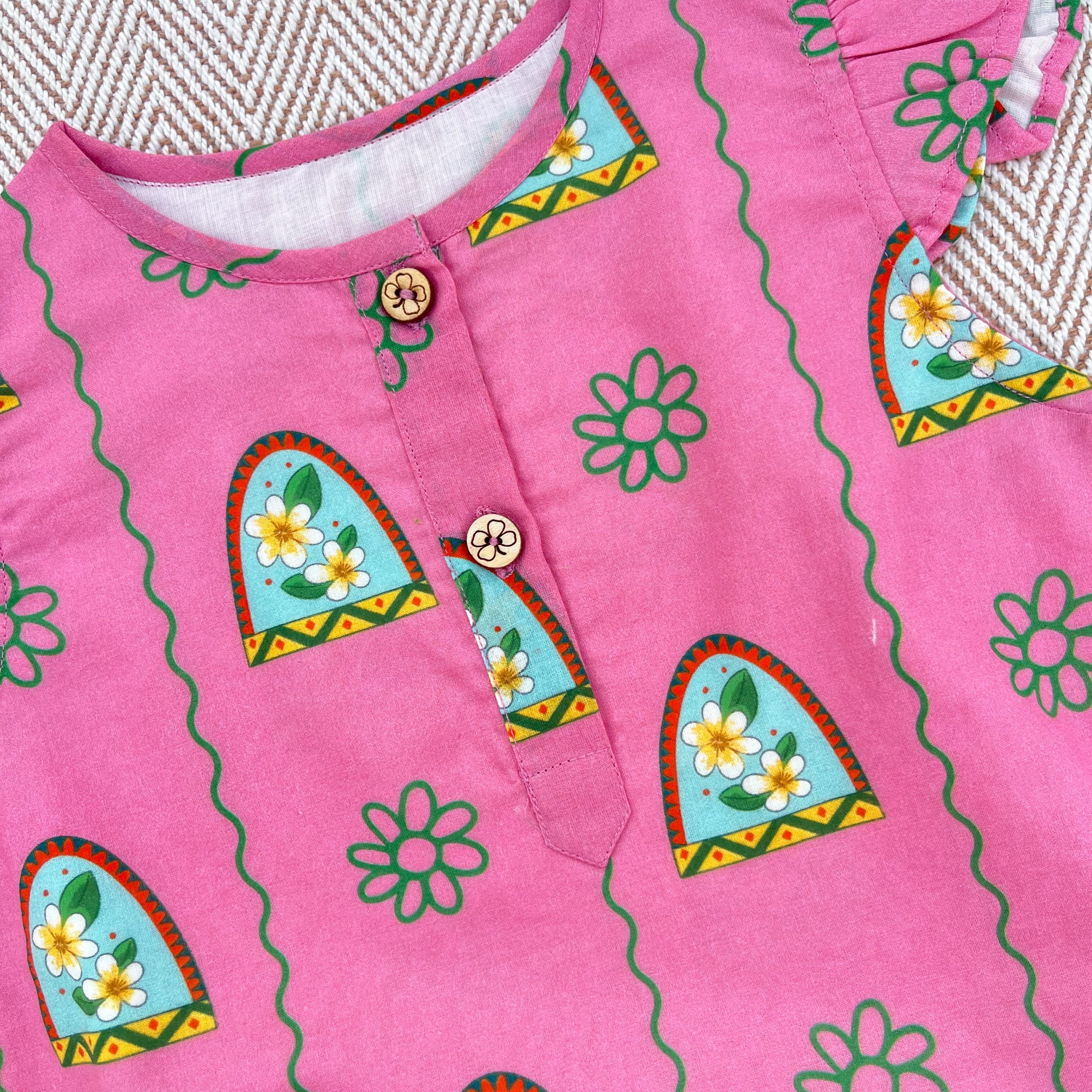 Nani Ghar ka Champa'- Organic Cotton Pink Floral Kurta Set for Girls