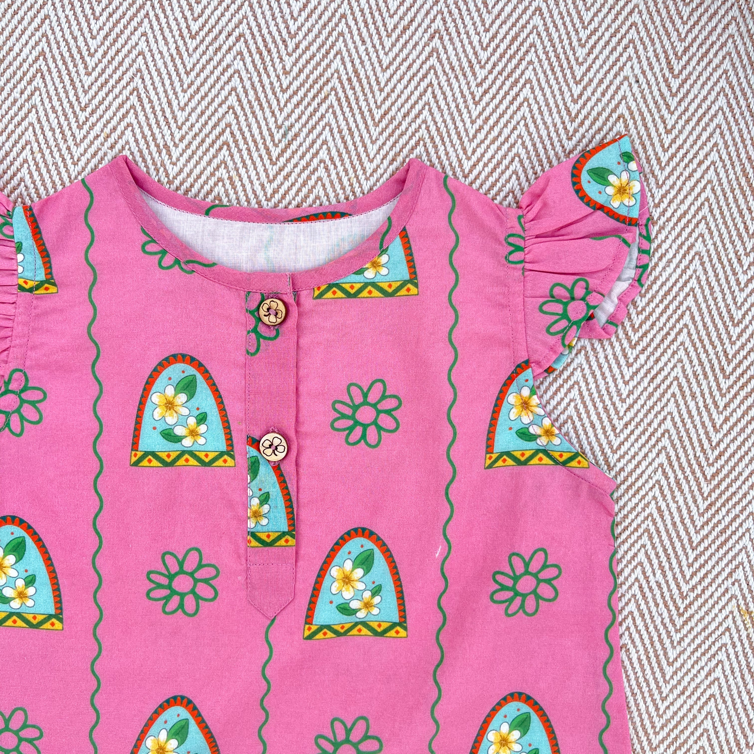 Nani Ghar ka Champa'- Organic Cotton Pink Floral Kurta Set for Girls