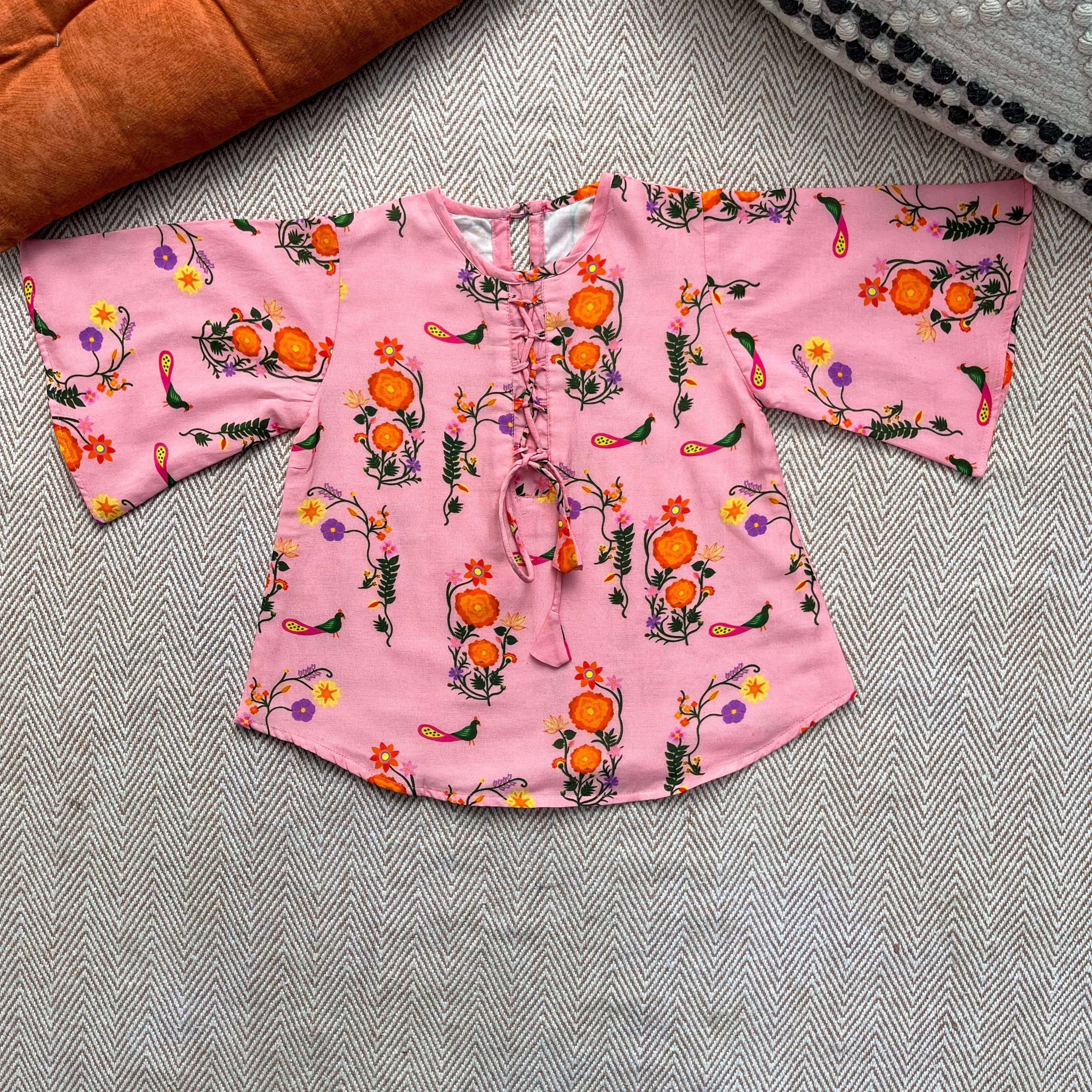 Chanderi 'The Pink City's Peacock' Kurta Set for Girls