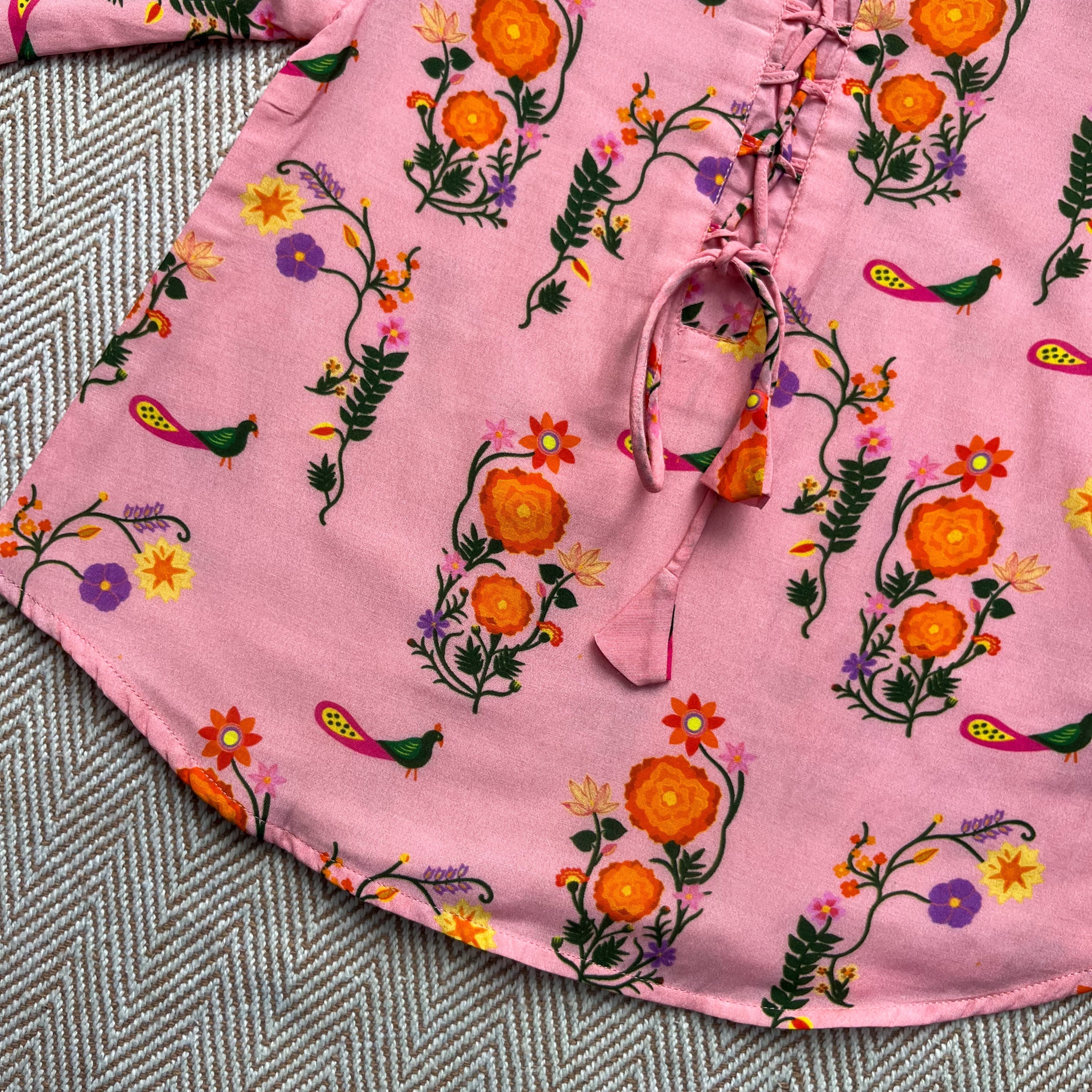 Chanderi 'The Pink City's Peacock' Kurta Set for Girls