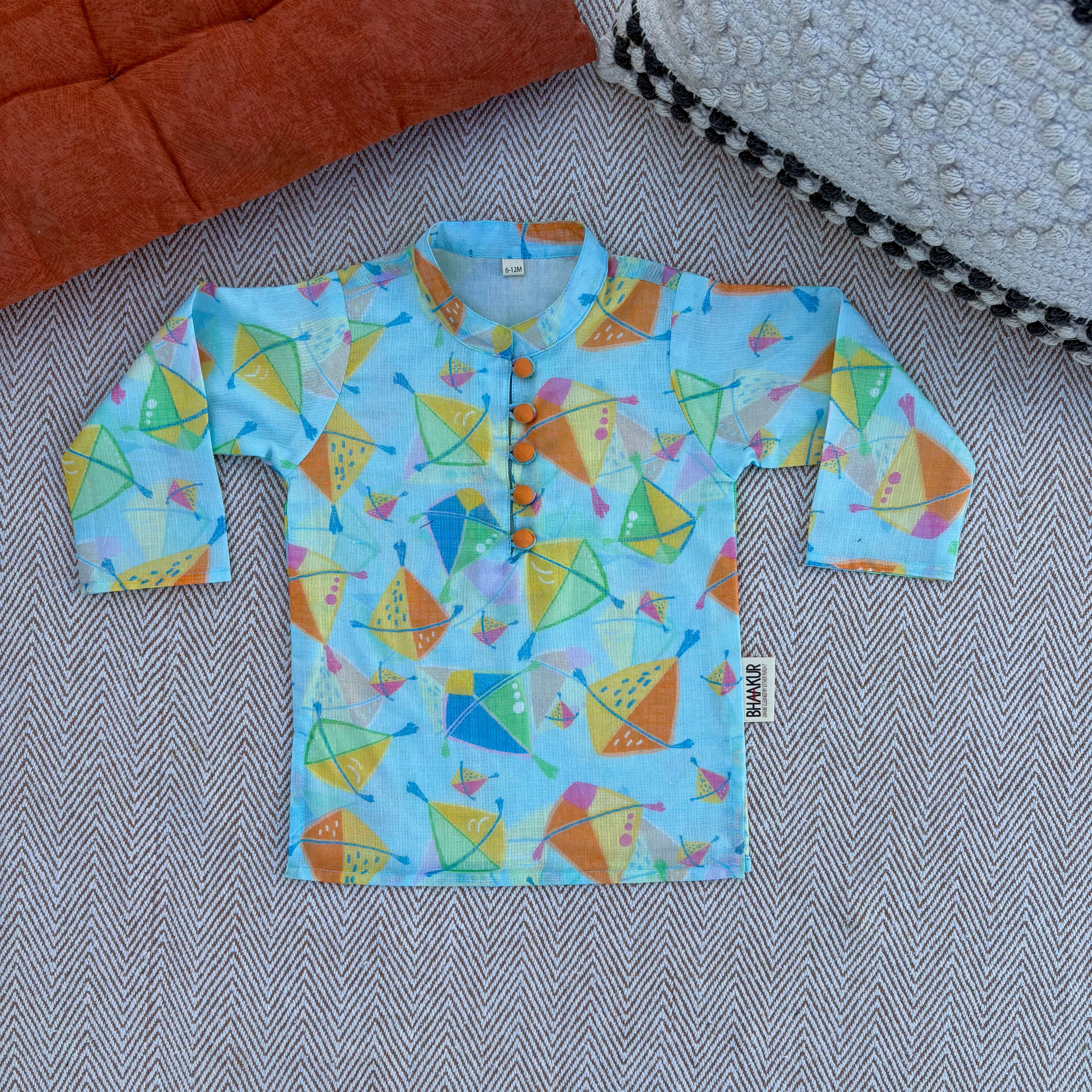 Sankranti special kota doriya with organic cotton voile lining, kites print kurta for infants, toddlers and kids