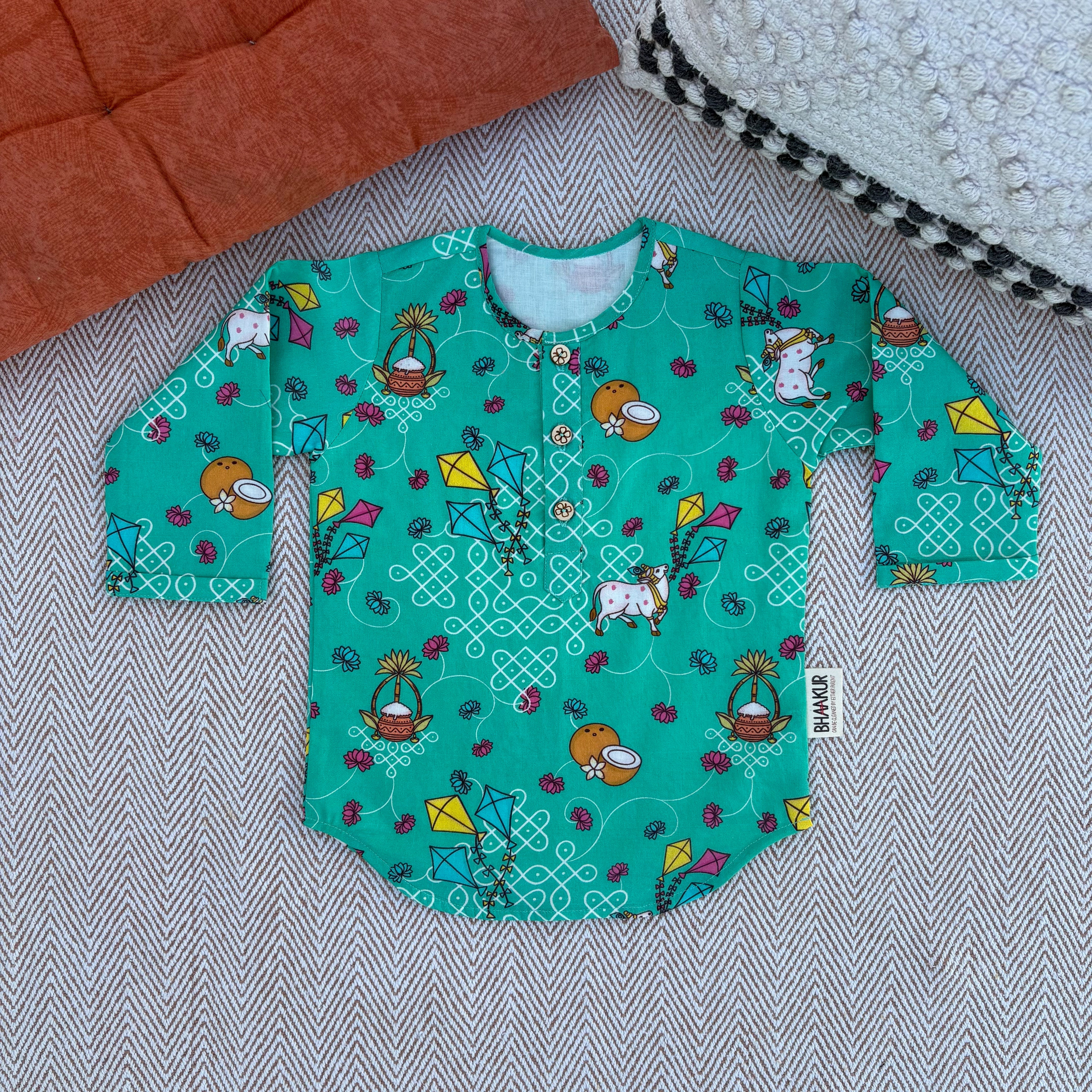 Pongal special organic cotton 'Pongalo Pongal' Unisex kurta for infants, toddlers and kids.