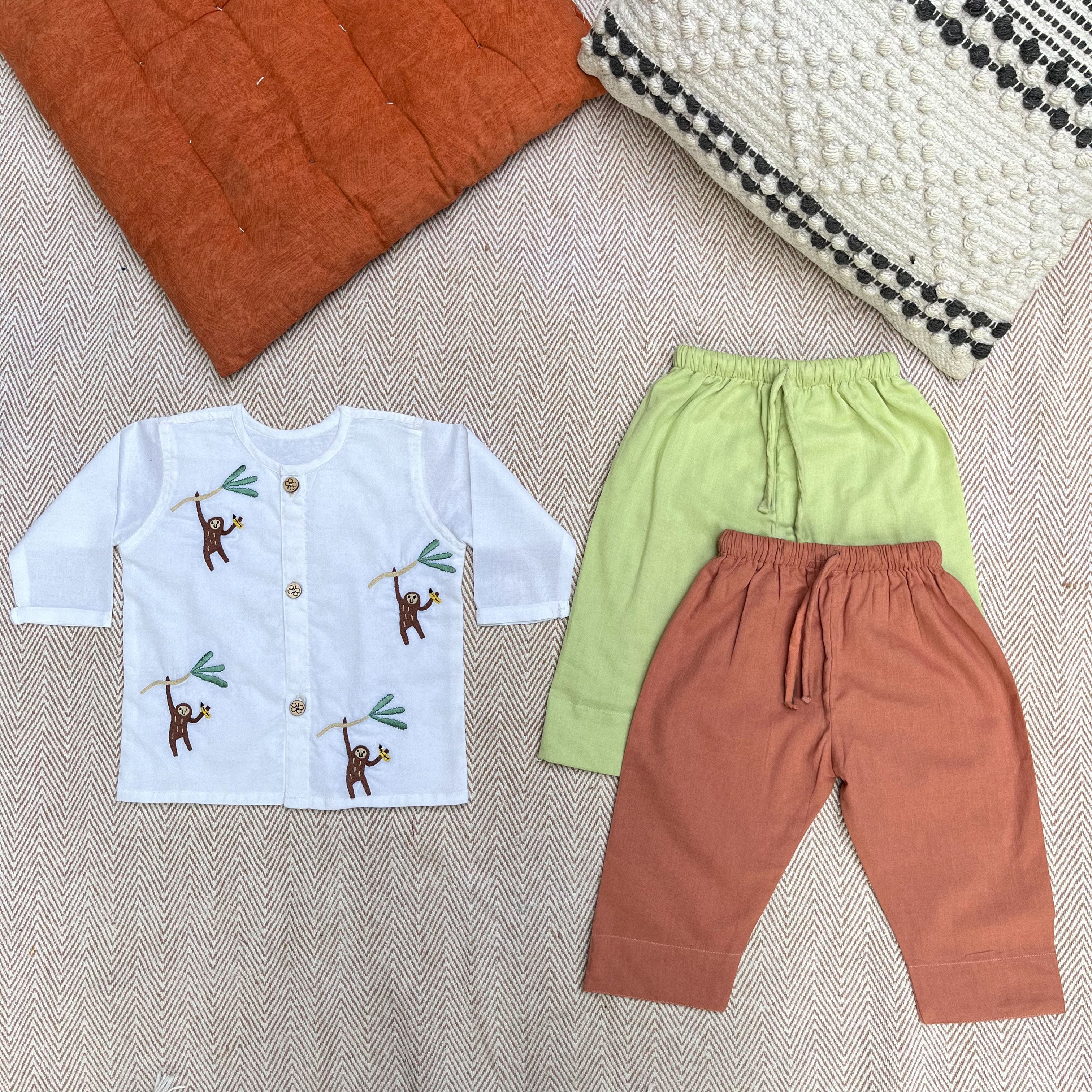 Monkey - Organic Cotton Full Sleeves Jhabla with Two Pyjamas