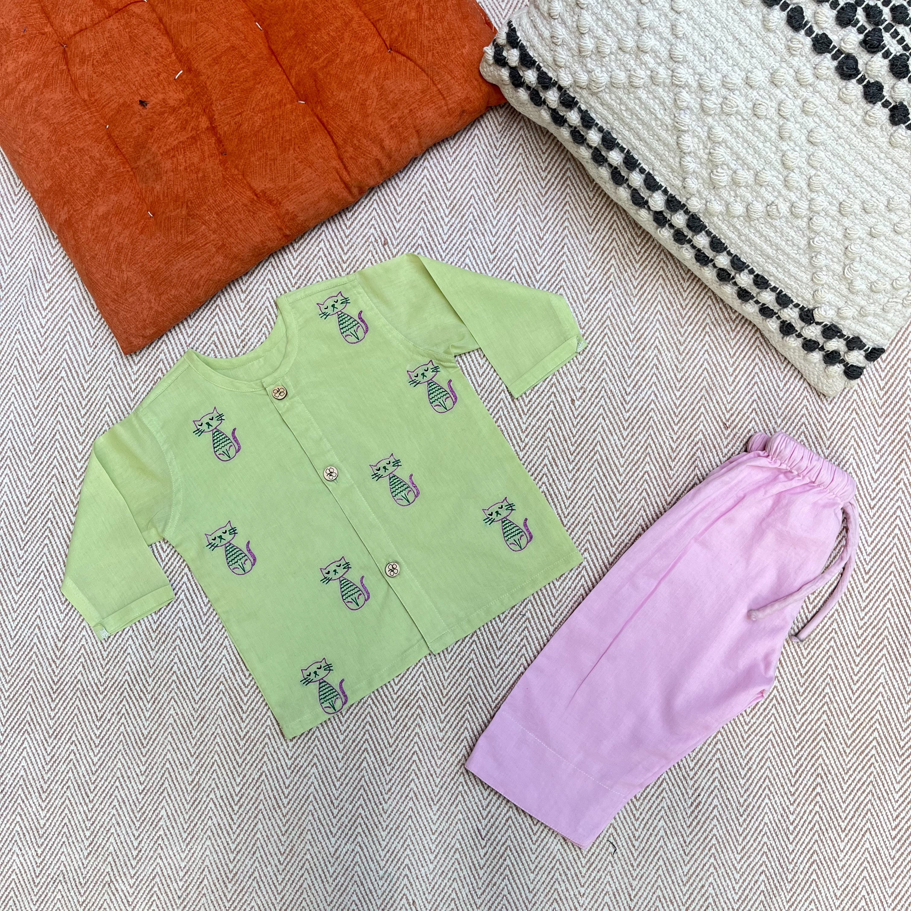 Cats - Organic Cotton Full Sleeves Jhabla Set