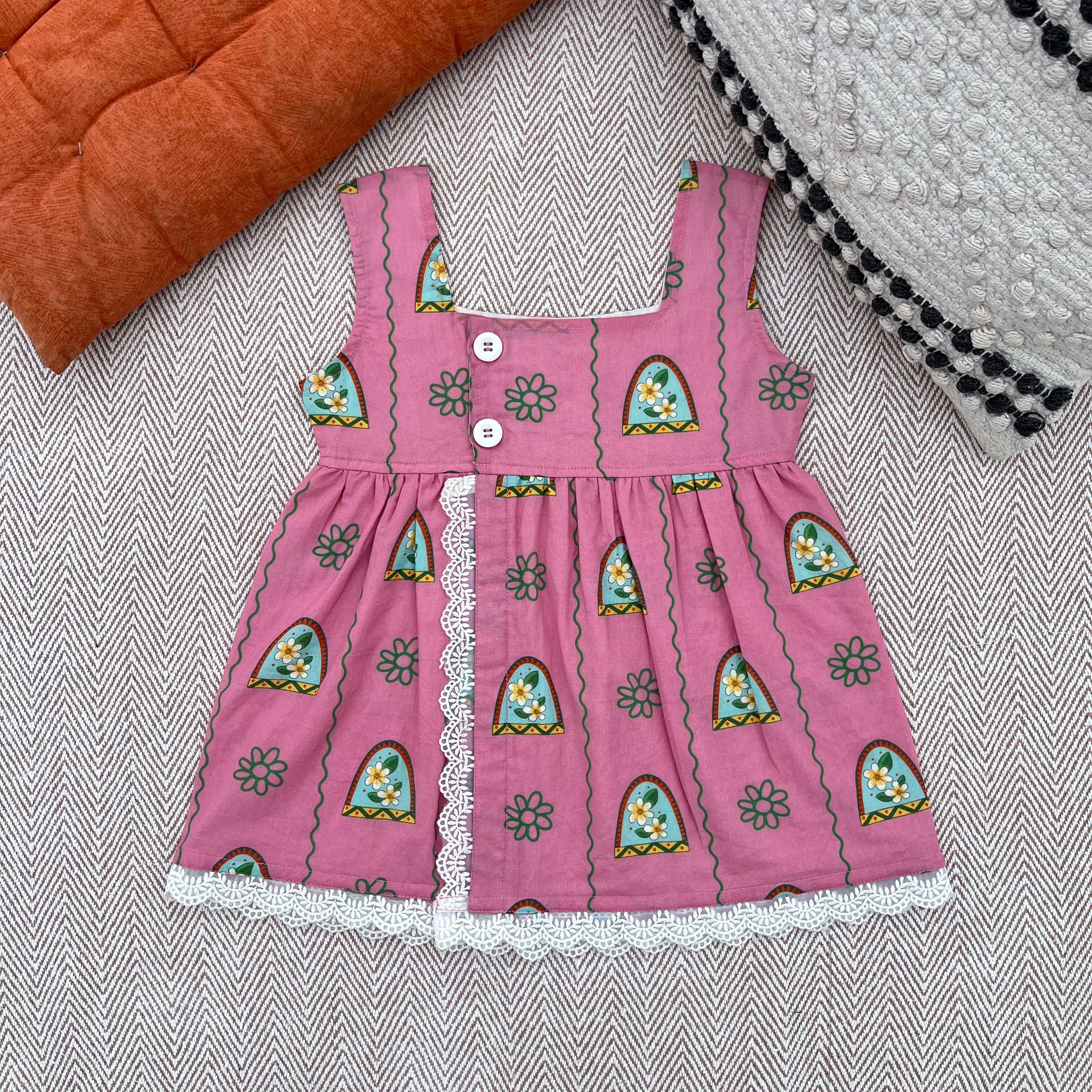 Organic cotton pink floral print frock for infants, toddlers and kids-perfect for festive occasions