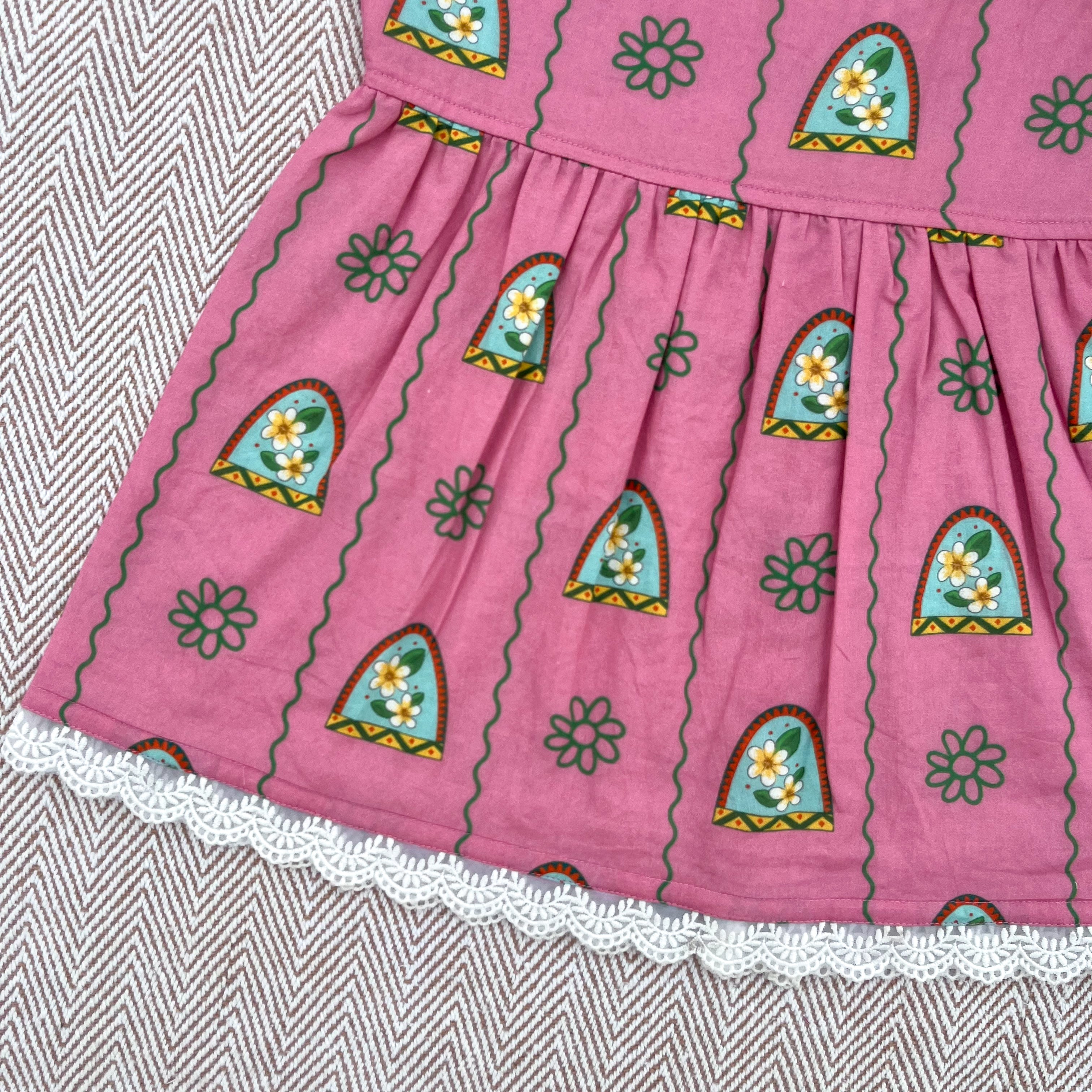 Organic cotton pink floral print frock for infants, toddlers and kids-perfect for festive occasions